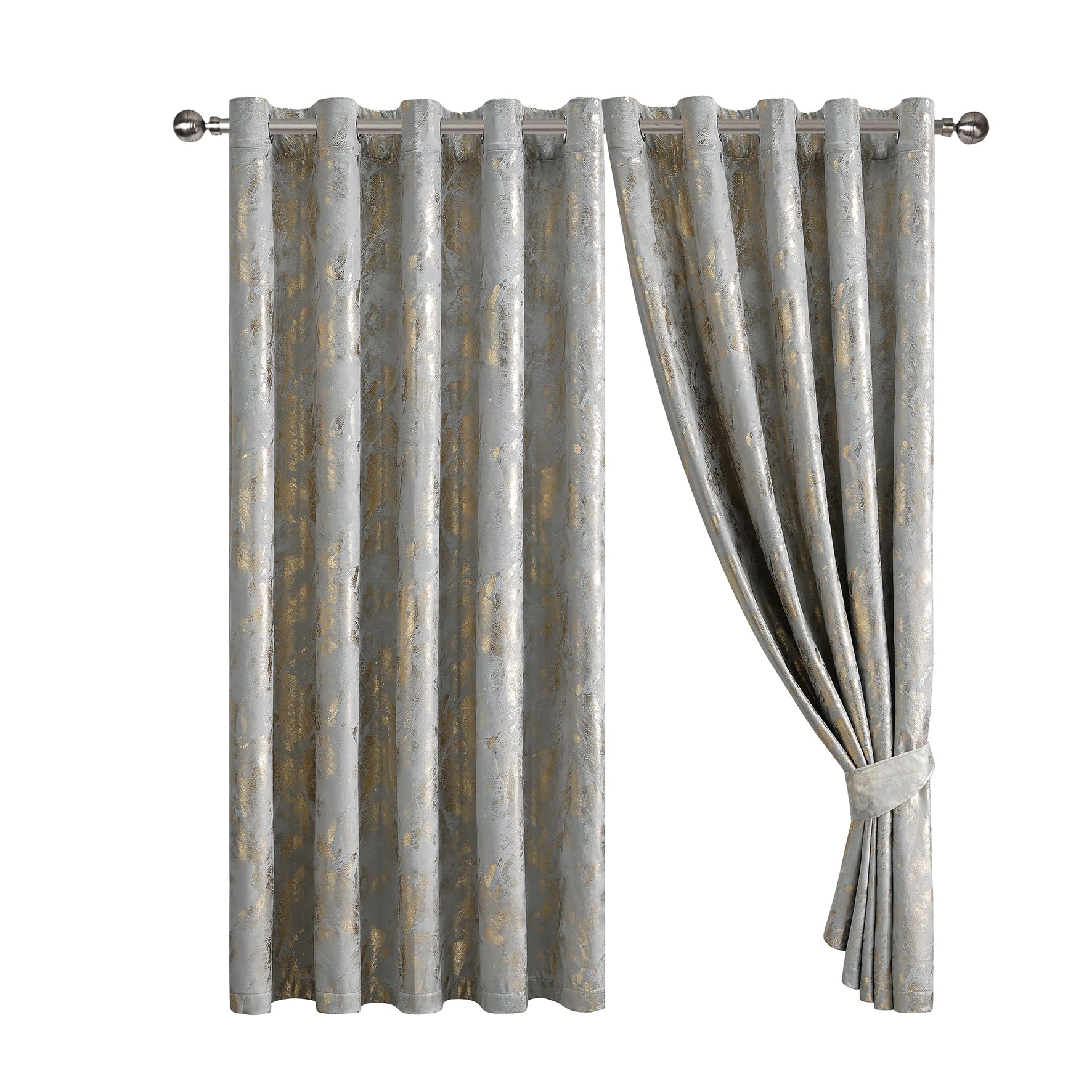 Abstract Metallic Marbled Velvet Curtain Pair - Heavyweight with Foil Print - Room Darkening Eyelet - Fully Lined for Thermal Insulation - Includes Two Tiebacks (Silver, 90" x 90" (228 x 228 cm))