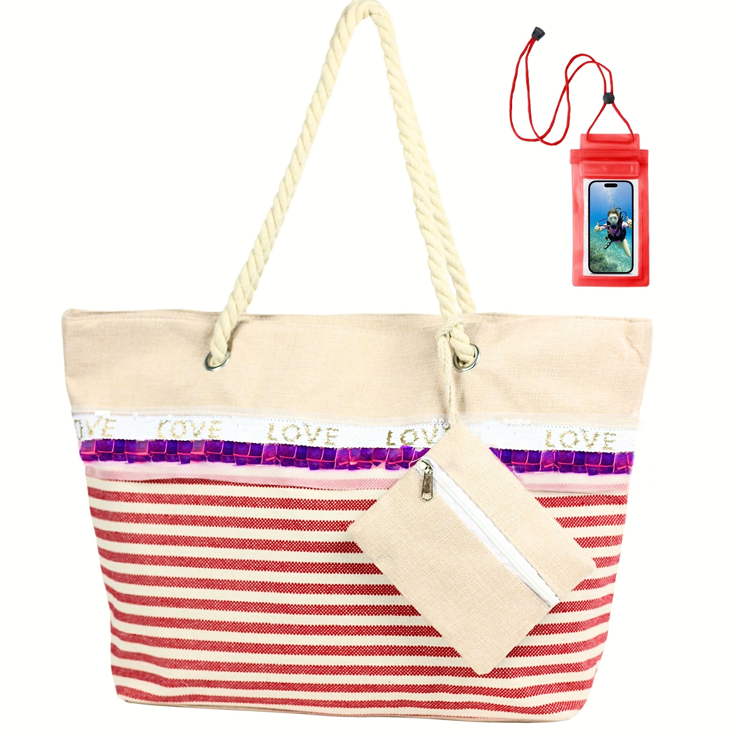 DIDI LIONNIBolso de playa grande con Monedero, Cierre de Cremallera y Funda Impermeable para Móvil.Bolso de playa grande XXL familiar Bolso de hombro a rayas.Bolsa de Playa Lona Grande..55x36x16cm|