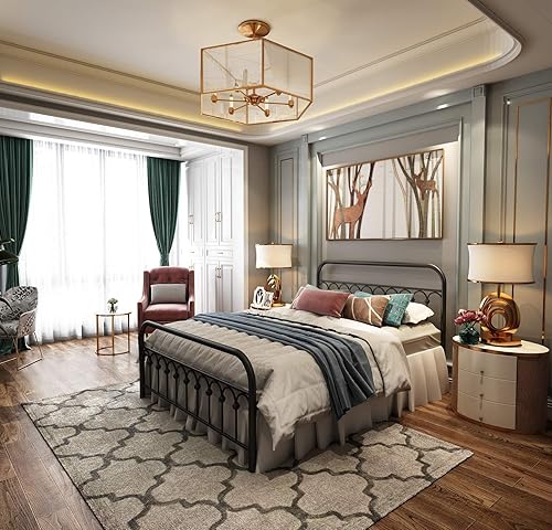 Miniatura 4 de 1730 1710 1707. Marco de cama de metal, tamaño queen, con cabecera vintage y base de plataforma con pie de cama, de hierro forjado. Negro -,Marrón