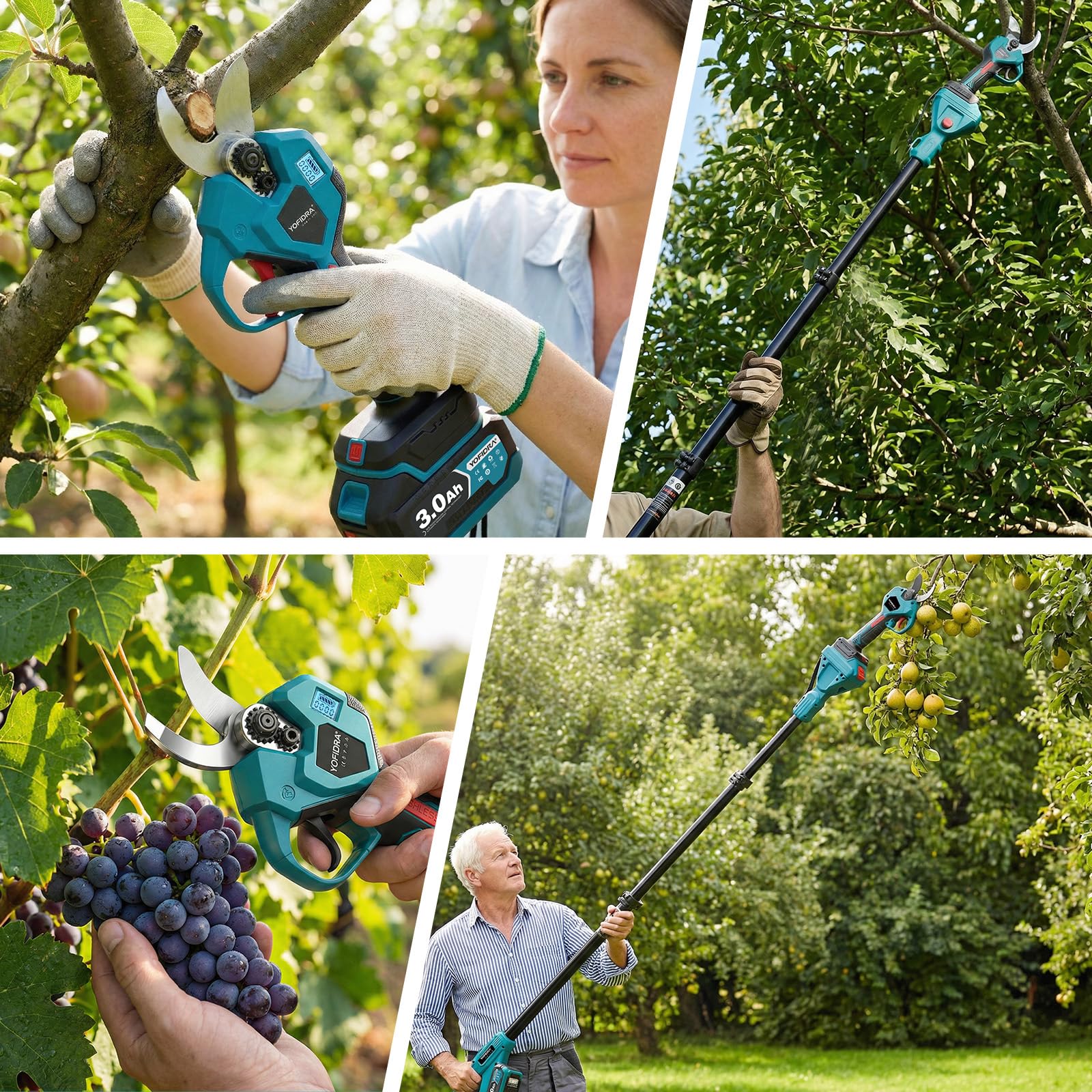 Yofidra 2-in-1 Akku Astschere Teleskop, 32mm Schnitt, Bürstenloser Motor, Elektrische Astschere mit Teleskopstange, 2x3,0Ah Batterien, LCD-Display, Max.4,1M, Gartenschere für Äste, Obstbäume