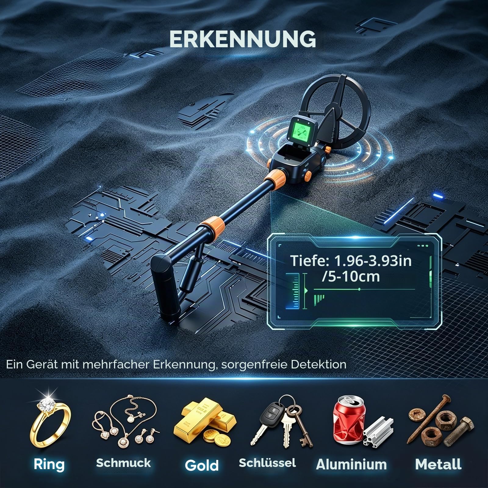 Metalldetektor für Kinder, IP68 wasserdichte und Leichte Metalldetektoren mit LCD und Schallanzeige, Hohe Empfindlichkeit Kinder Metalldetektor mit Schaufel für Schatzsuche (Schwarz)