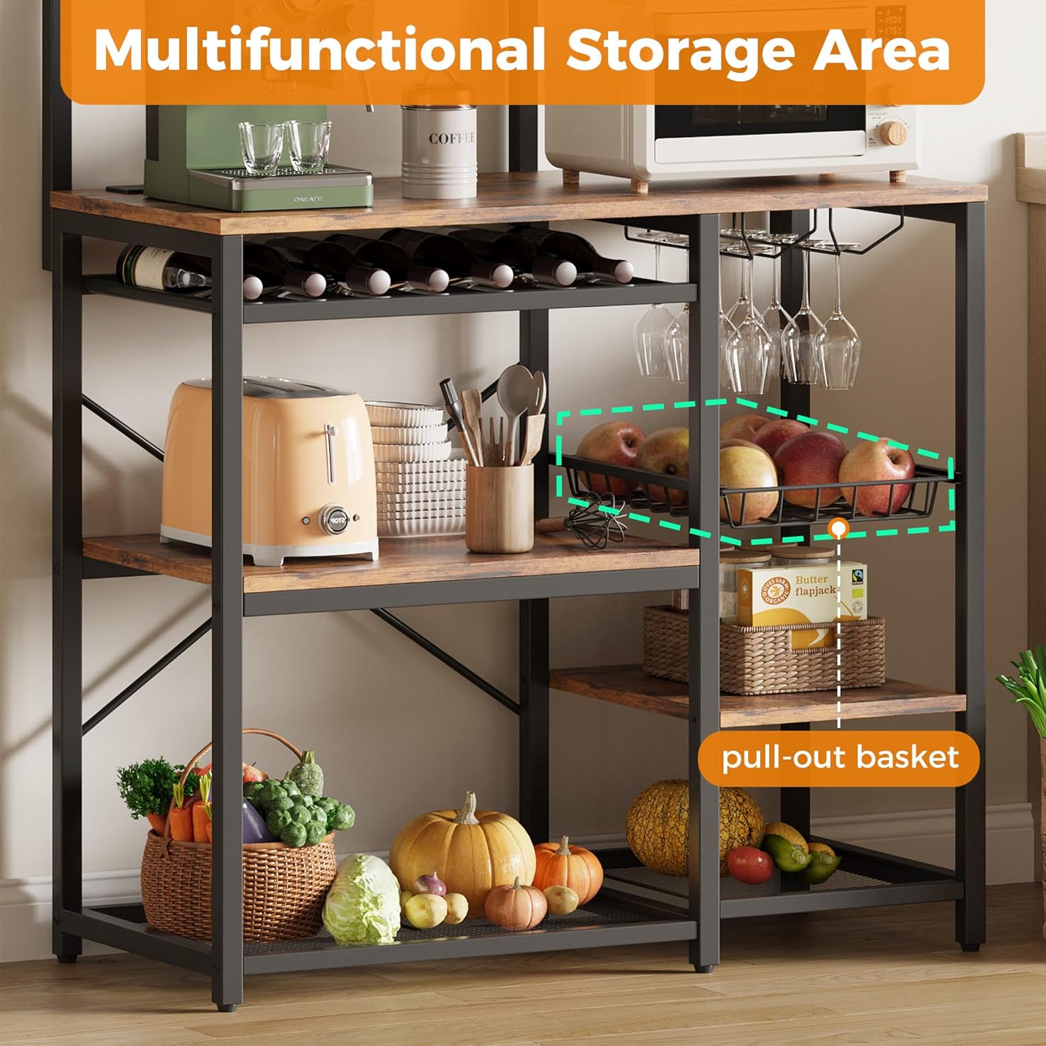 IRONCK Bakers Rack with Power Outlet, 7-Tier Coffee Bar Microwave Stand, Solve Kitchen Clutter with Wine Rack, Wire Basket and Hooks, Rustic Brown