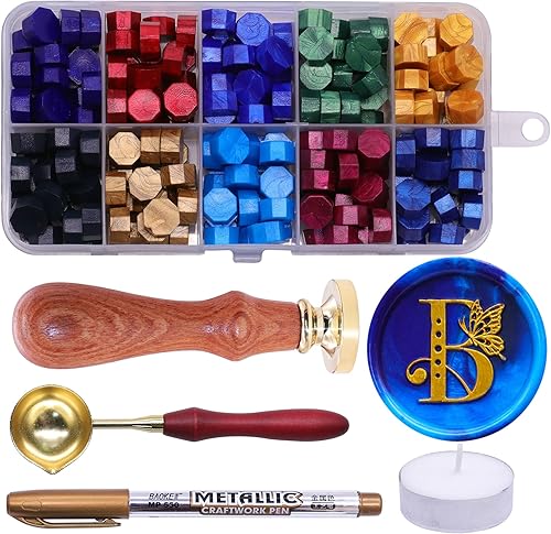 SWANGSA Kit de sello de cera inicial del alfabeto B, sello de sellado de letras de mariposa vintage con 200 cuentas de cera de sellado