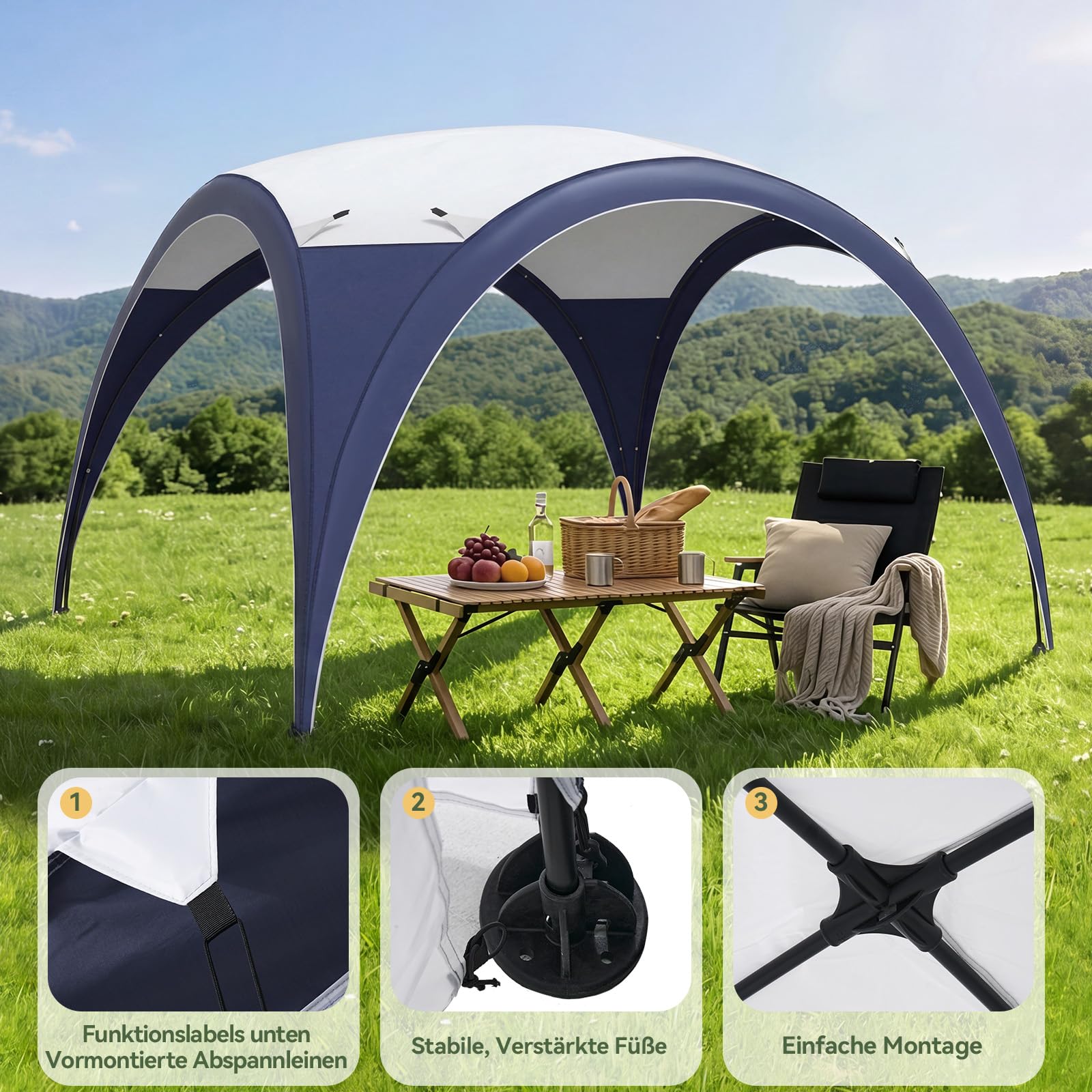 Aoxun Event Shelter Kuppelzelt mit Seitenwänden, Tragbare Stahlstange Camping Pavillon Gartenpartys Veranstaltungen, Transporttasche 4 Vevstärkte Füße, Wasserdicht (4000 mm), UPF 50+, 3,5 x 3,5 m