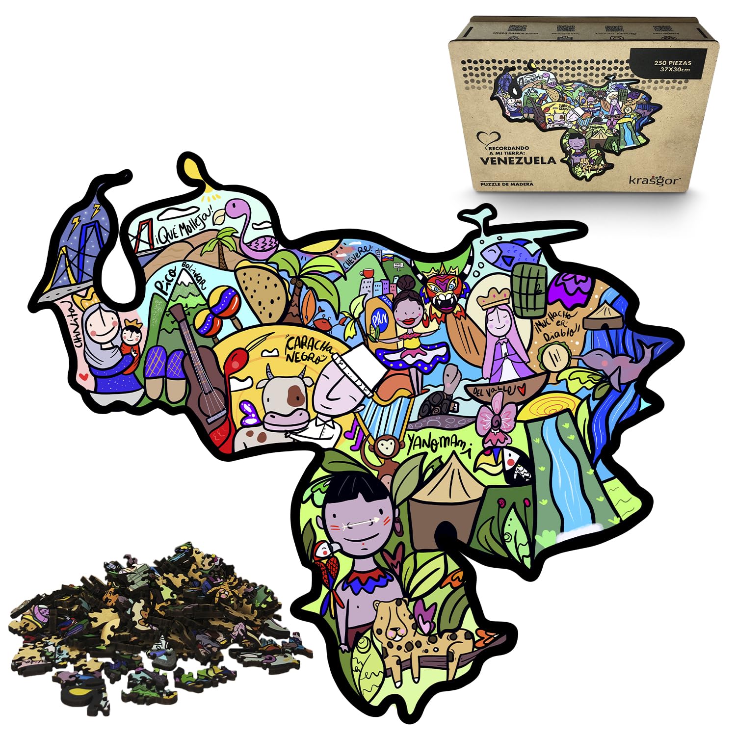 KRASGOR Rompecabezas Originales de Madera, Edición Recordando a Mi Tierra: Venezuela, 250 Piezas, 37 x 30 cm, Regalo para Adultos, Decoración Hogar, Decoración Pared, Puzzle, Venezuela Decoración