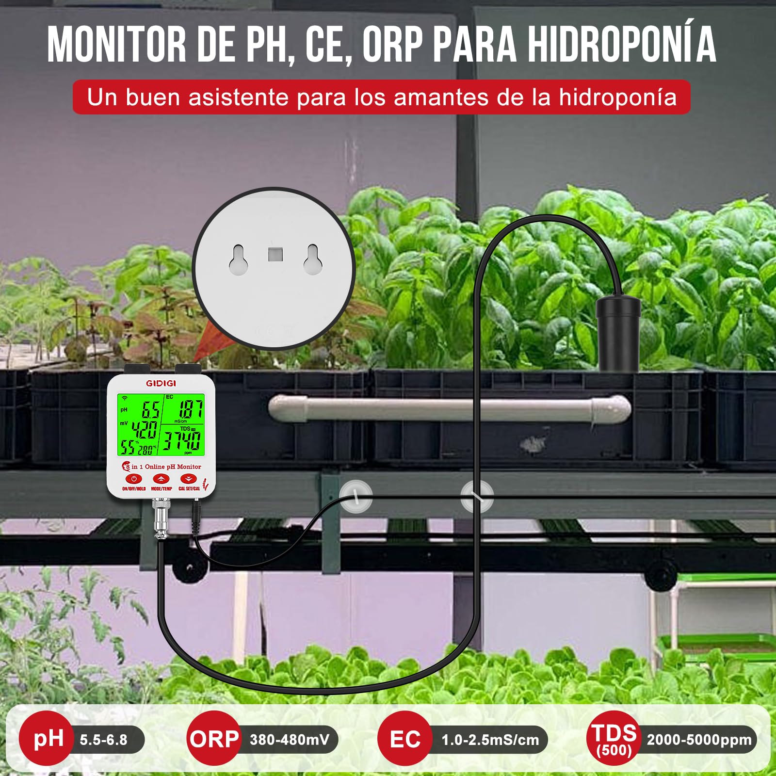 Monitor pH Acuario, Medidor pH y EC Continuo Hidroponia con Wifi, La Pantalla Grande Puede Mostrar Múltiples Parámetros Simultáneamente, 8 en 1 pH EC PPM ORP Sal y Humedad para Acuario, Hidroponia