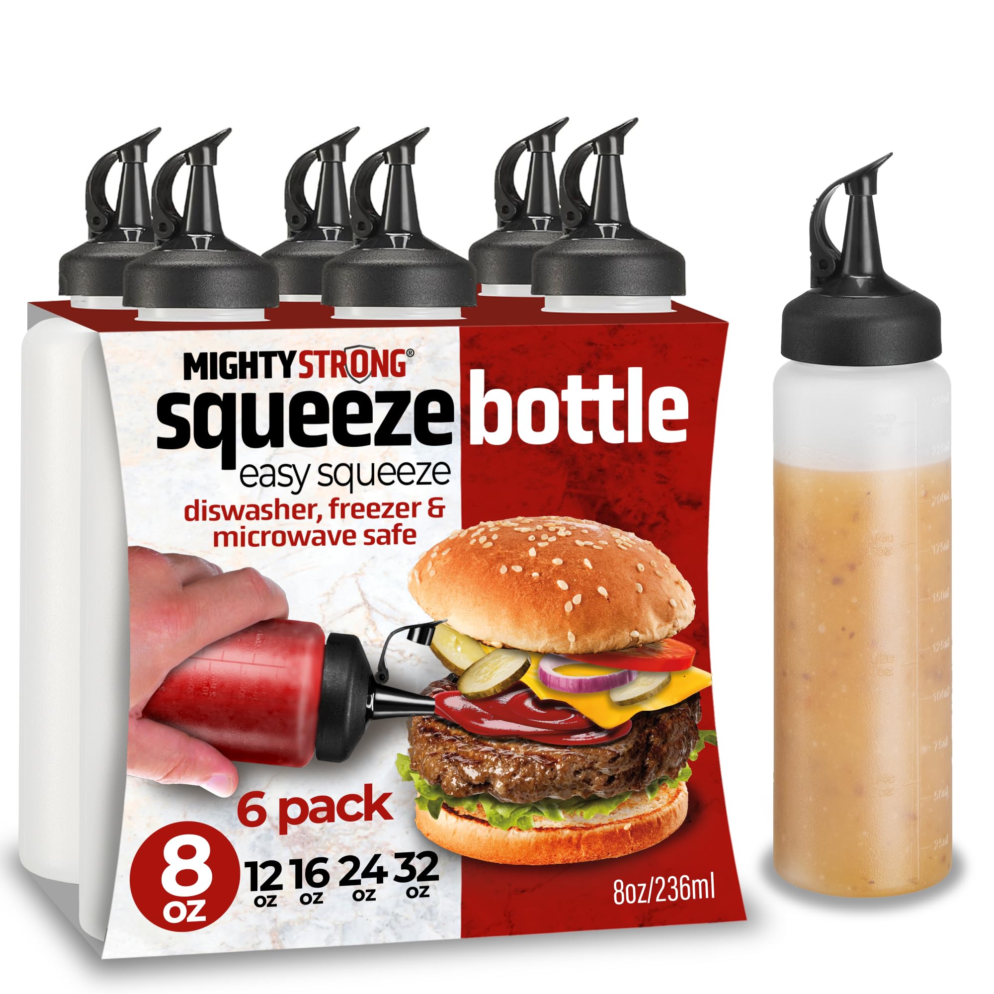 MIGHTY STRONG Paquete de 6 botellas exprimibles de condimentos de 8 onzas, botellas de salsa fáciles de verter con tapa a prueba de fugas, botellas de plástico para salsas, botellas de condimentos,