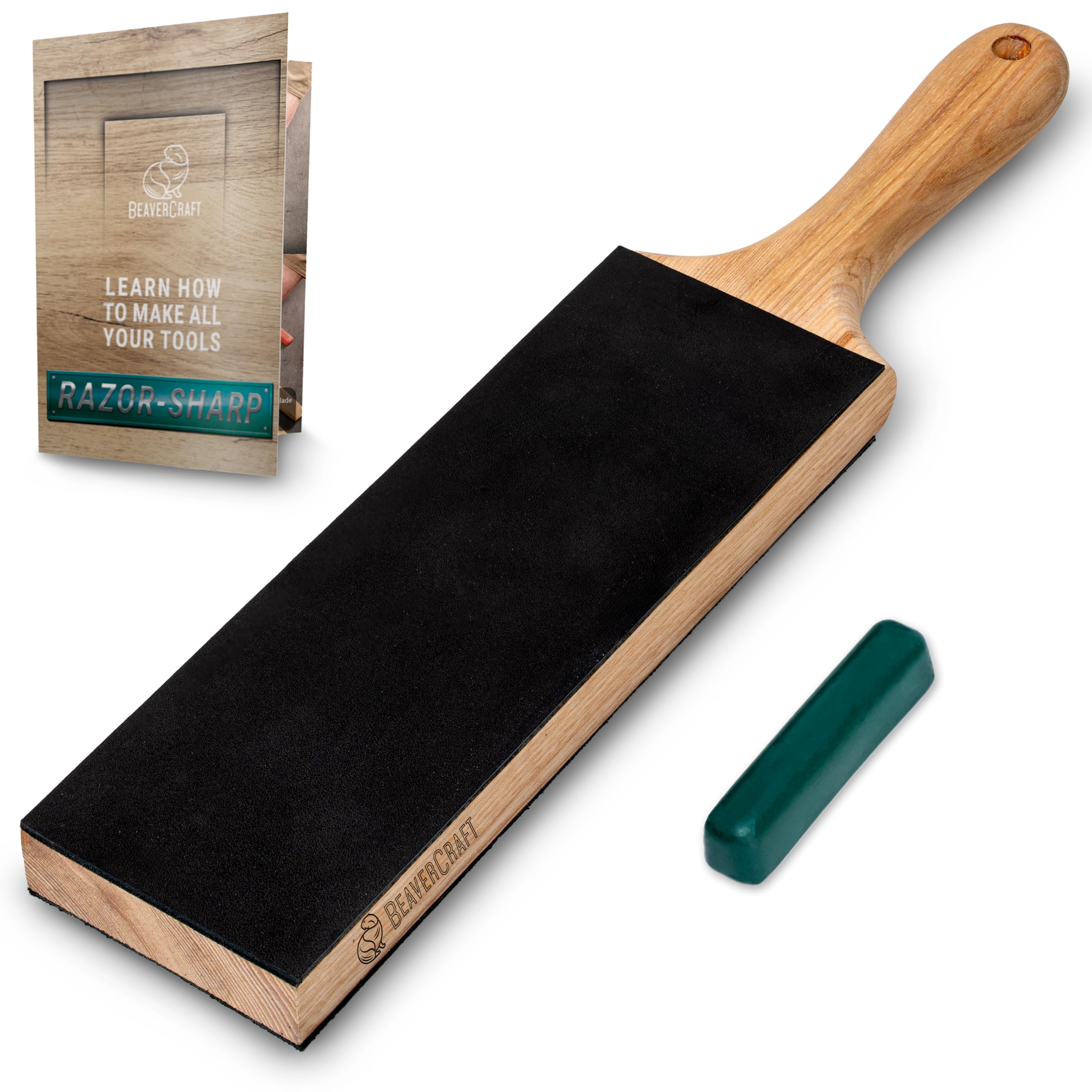 BeaverCraft Leather Strop Kit for Knife Sharpening 15.2" - Leather Knife Strop with Polishing Compound - Stropping Kit Double Sided LS1P1, Razor Sharpener for Knives, Chisels - eBook Guide Included
