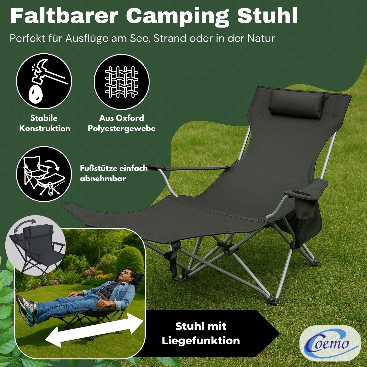 Coemo Campingstuhl, Schwarz, zusammenklappbar, verstellbar, Getränkehalter | Liegestuhl mit Kopfstütze, Tasche, Relaxliege leicht, tragbar, verstellbarer Faltstuhl, zusammenklappbarer Stuhl