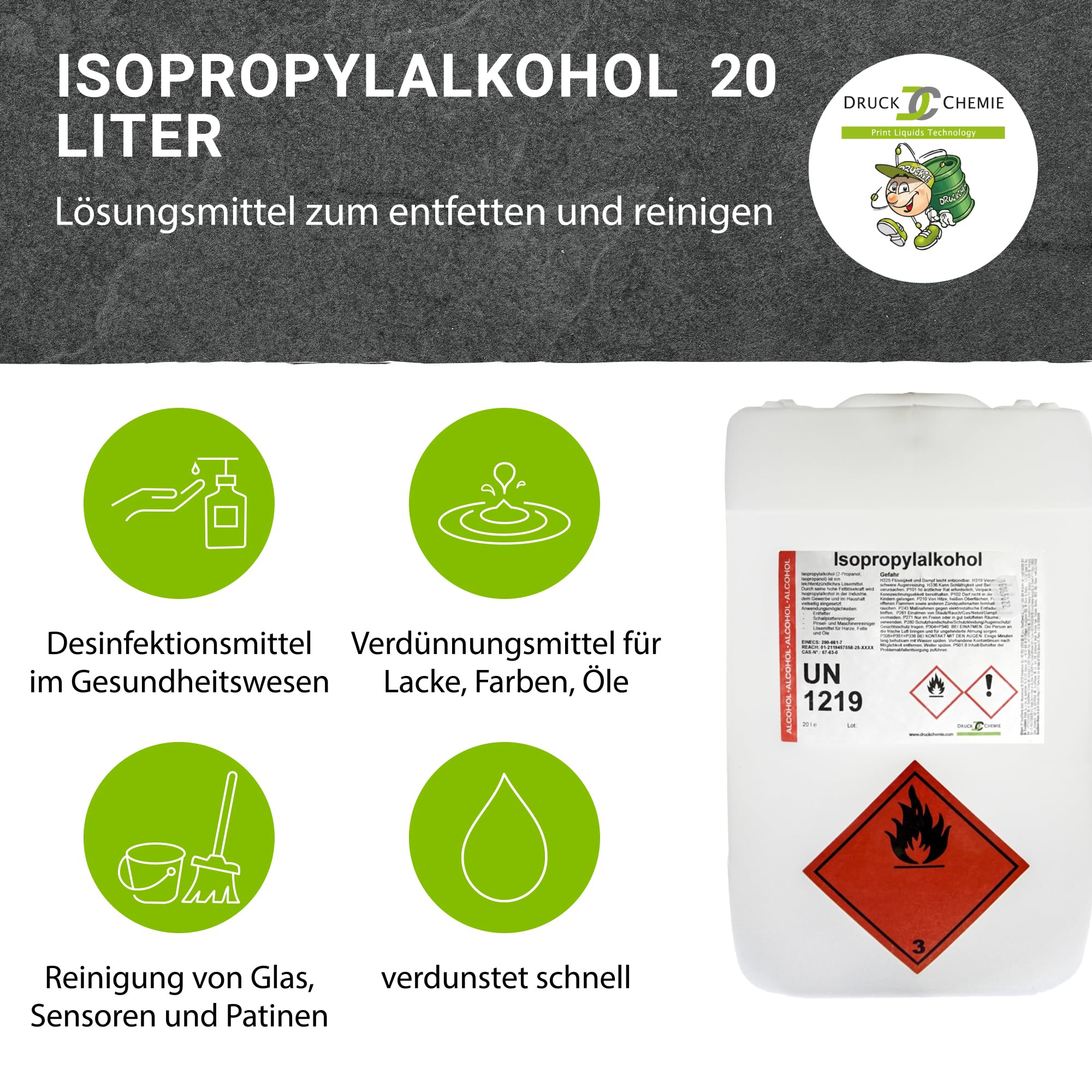 Isopropylalkohol, 20 Liter - Isopropanol 99,9% - Starker Reinigungsalkohol & Fettlöser - Frostschutzmittel