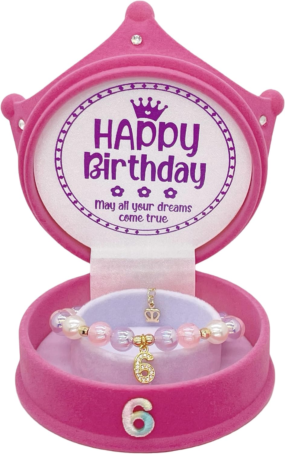 ZomefinKiu Girls 6th Birthday Princess ~ Pink Charm Bracelet, Crown Shape Keepsake Jewelry Box, 6 Year Old Girl Birthday Outfit for 6th Bday Party