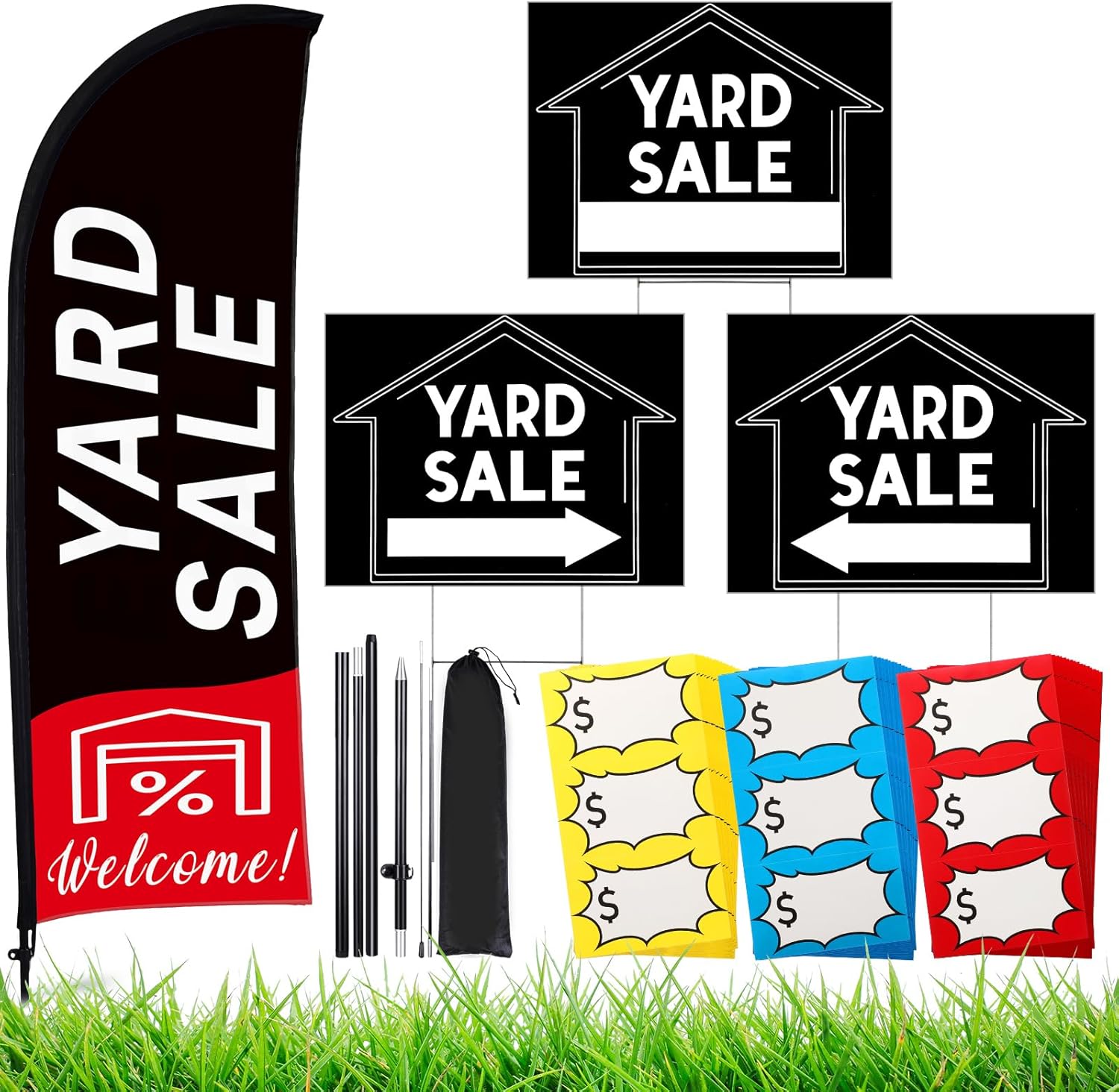 Buryeah Yard Sale Feather Flag Signs Set, 1 Pack 7ft Yard Sale Banner with Pole Kit, 3 Pack Double Sided Yard Sale Signs with Stakes, 150 Count Large Item Pricing Stickers(Red)