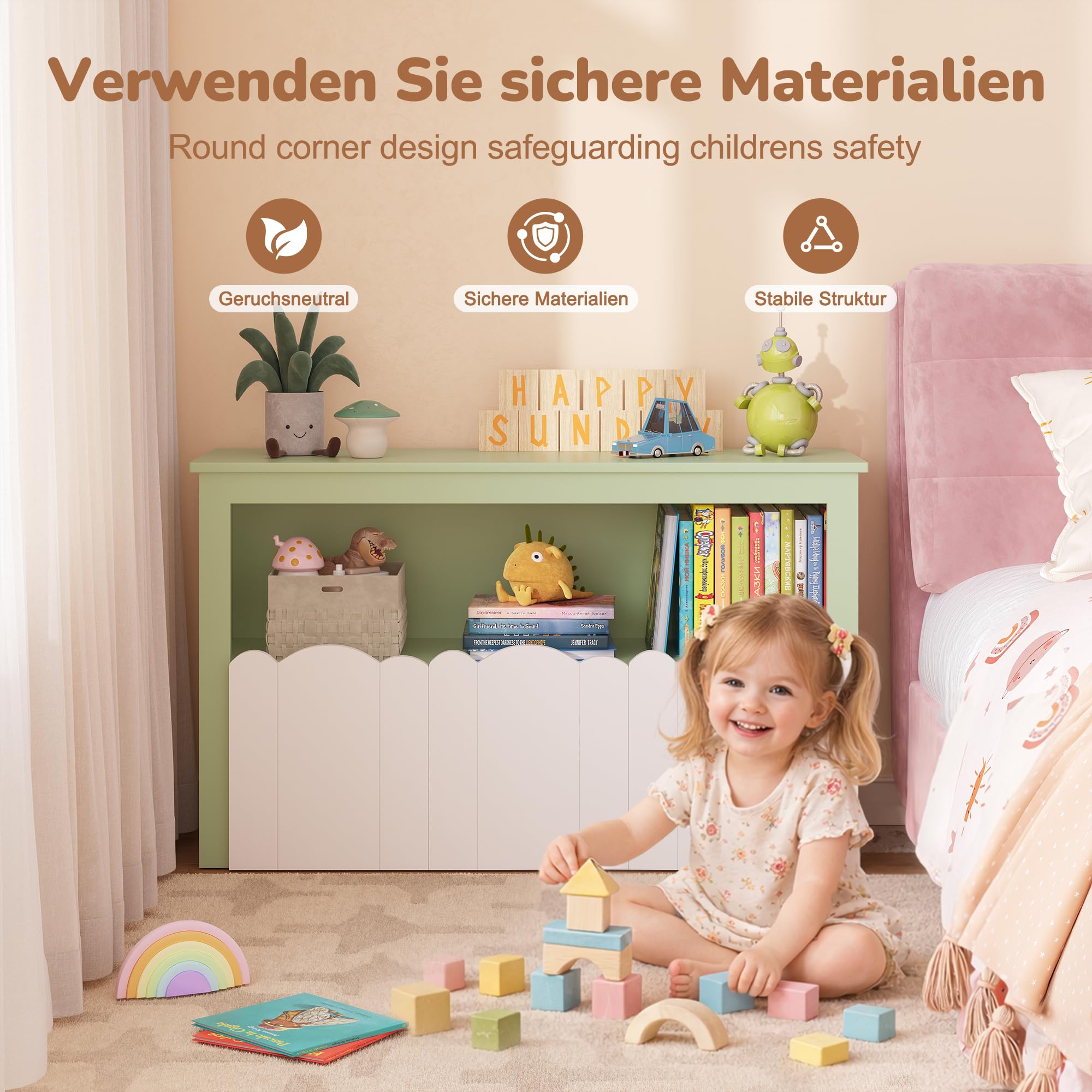 YOUDENOVA Estantería para niños, muebles para habitación infantil con 3 cajas, almacenamiento de juguetes con ruedas, 102,2 x 33 x 61,5 cm, almacenamiento para habitación infantil para libros de