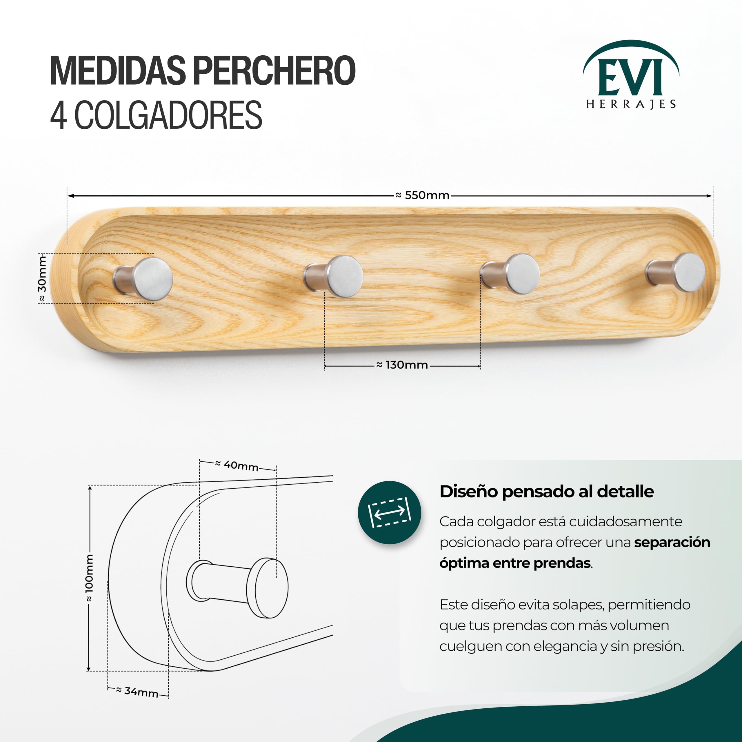 EVI Herrajes | Perchero de pared de 4 colgadores | Madera maciza de fresno | Colgadores de acero inoxidable | Kit de montaje incluido | Mod. Cova 4CFRAM