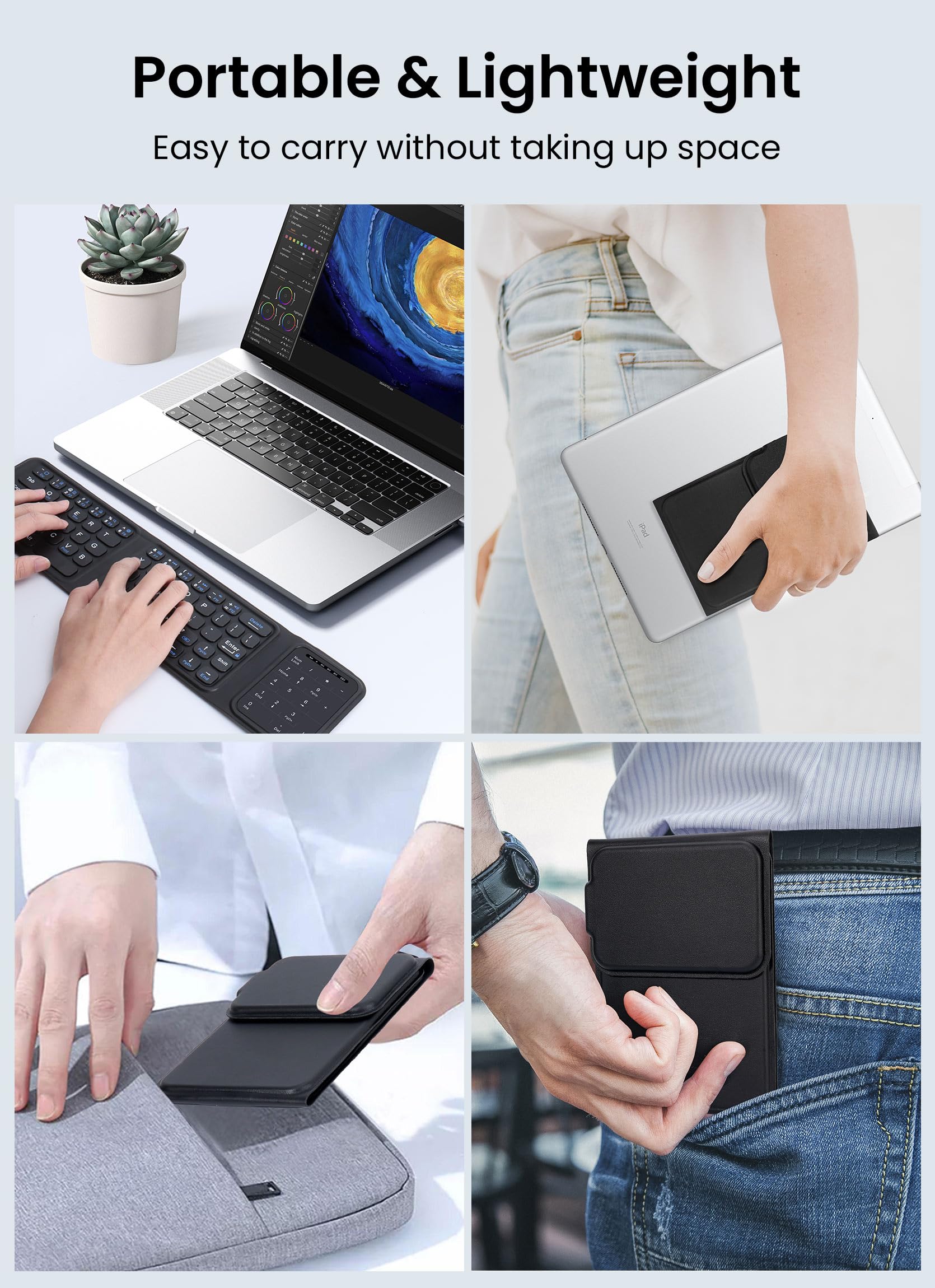 Clavier Bluetooth pliable sans fil avec pavé tactile et pavé numérique, clavier de voyage portable pour iPad, tablette, smartphone, ordinateur portable, PC, Windows, iOS, Android, noir