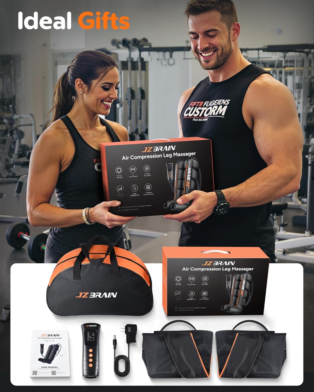 Contents of the JZBRAIN product package, including leg boots, control unit, power adapter, manual, and storage bag.