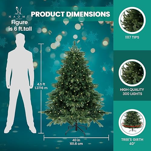 Miniatura 2 de Cynthia Árbol de Navidad Aritificial preiluminado de 4.5 pies con 1117 puntas de rama, 300 luces cálidas y soporte de metal, árbol de Navidad