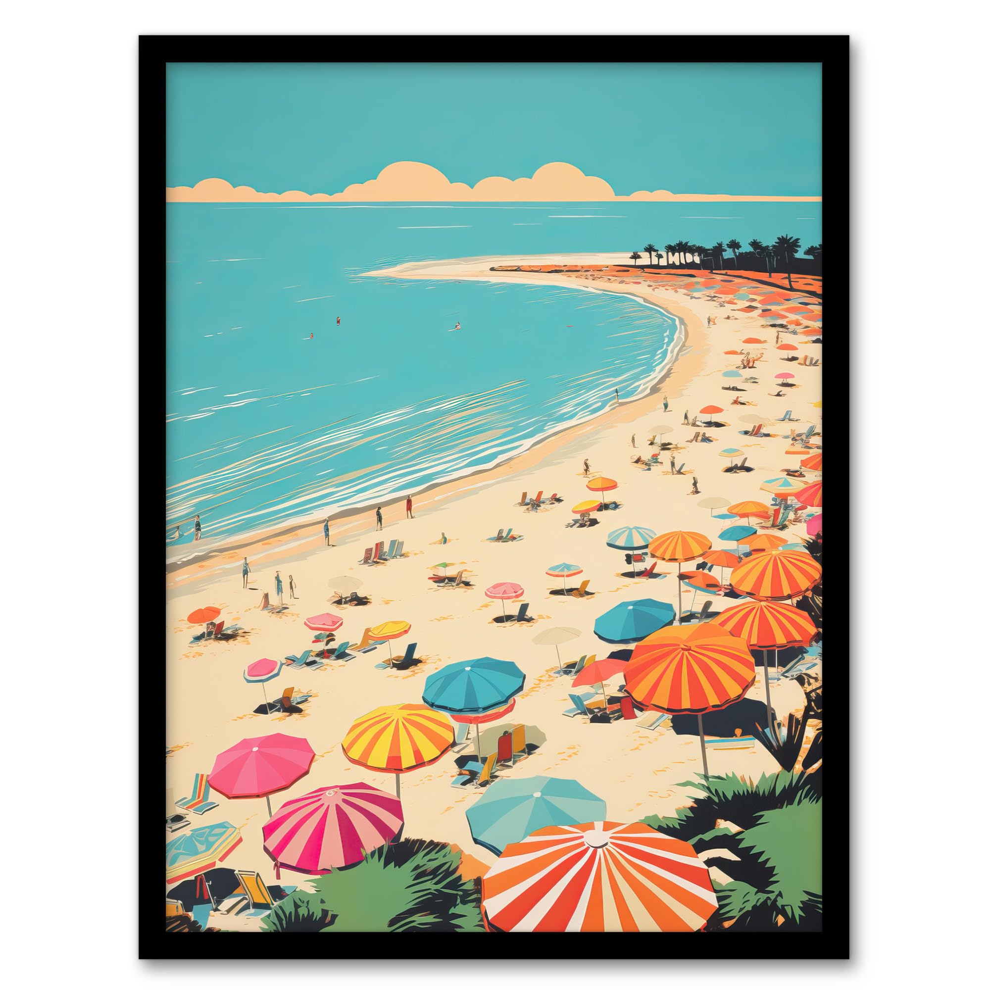 Wee Blue Coo Sun Sand Sea Cove Busy Beach Coastal Landscape Aqua Orange Pink Bright Painting Artwork Framed Wall Art Print 18X24 Inch