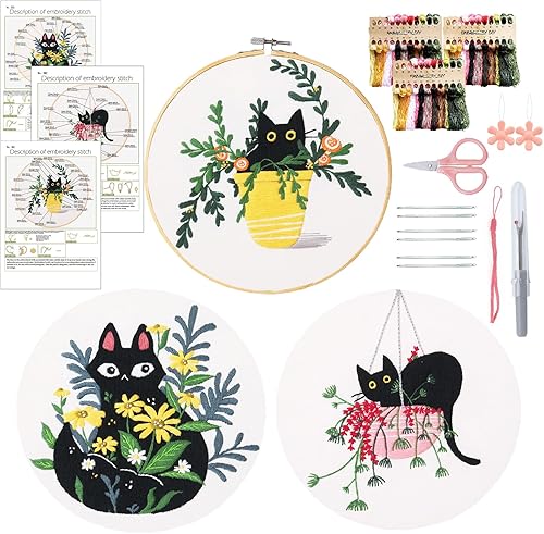 Yixhua Juego de 3 juegos de bordado de gato para principiantes, kit de punto de cruz para adultos con patrón de bordado a mano con instrucciones Yixhua Juego de 3 juegos de bordado de gato para principiantes, kit de punto de cruz para adultos con patrón de bordado a mano con instrucciones