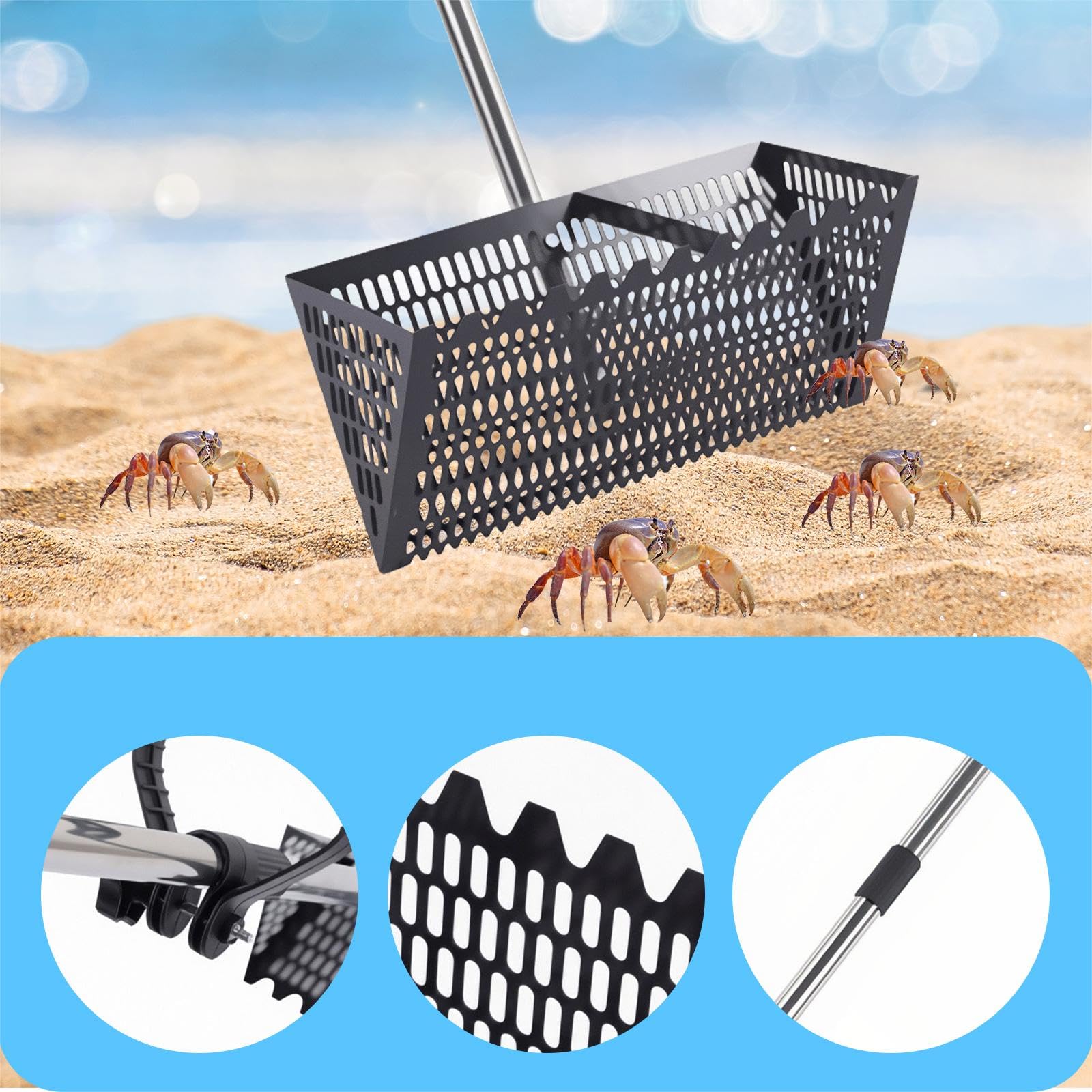 perfk Setacciatore di Sabbia, 141 Cm Rastrello delle Pulci di Sabbia, Setaccio da Spiaggia con Manico Lungo in Acciaio, per L'uso Come Vaspaccia Feci, Strumento di Pulizia della Spiaggia, Nero