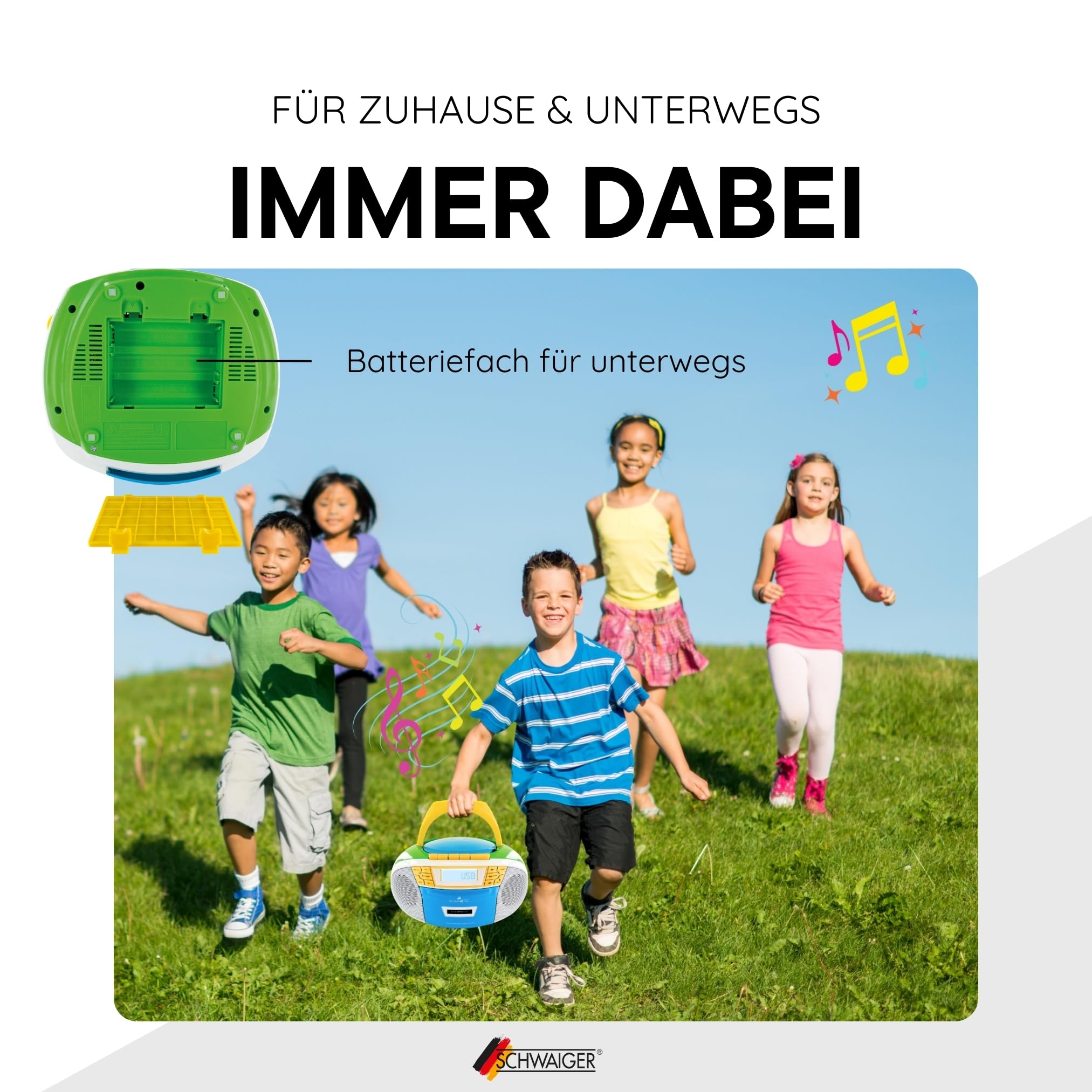 SCHWAIGER 661668- Tragbarer CD-Player mit Kassette und Radio MP3 USB Anschluss UKW FM Radio AUX Kopfhörer Boombox Stereo für zuhause und unterwegs Netz- und Batteriebetrieb Display