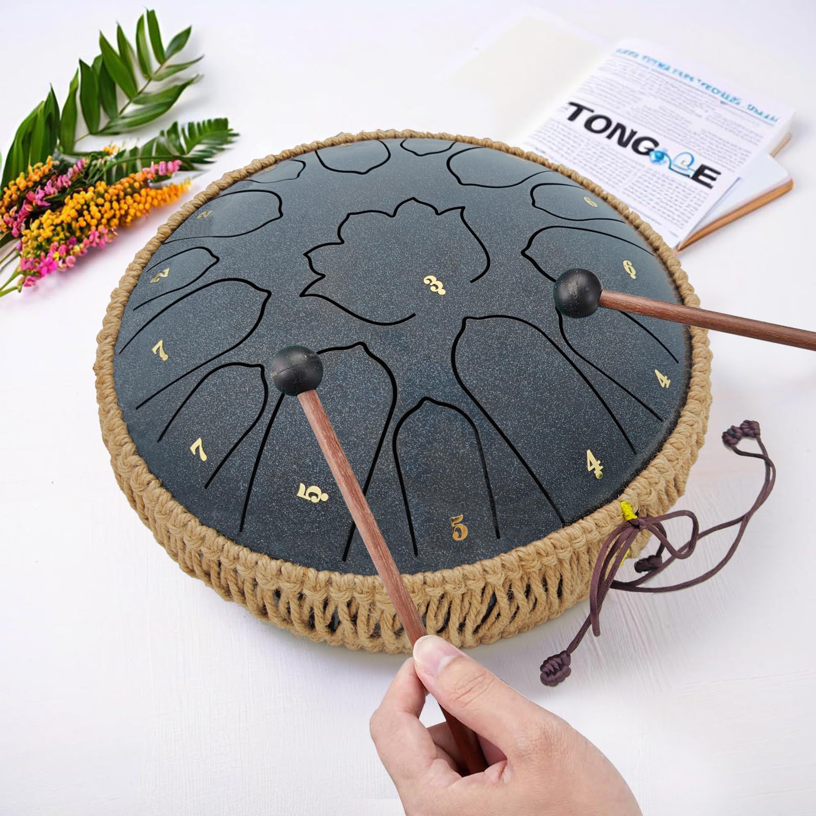 BETESINE Tambor de lengua de acero de 13 pulgadas y 15 notas – C Major Handpan & Rain Drum para yoga, meditación y alivio del estrés – Incluye mazos, libro de música y bolsa de transporte (negro