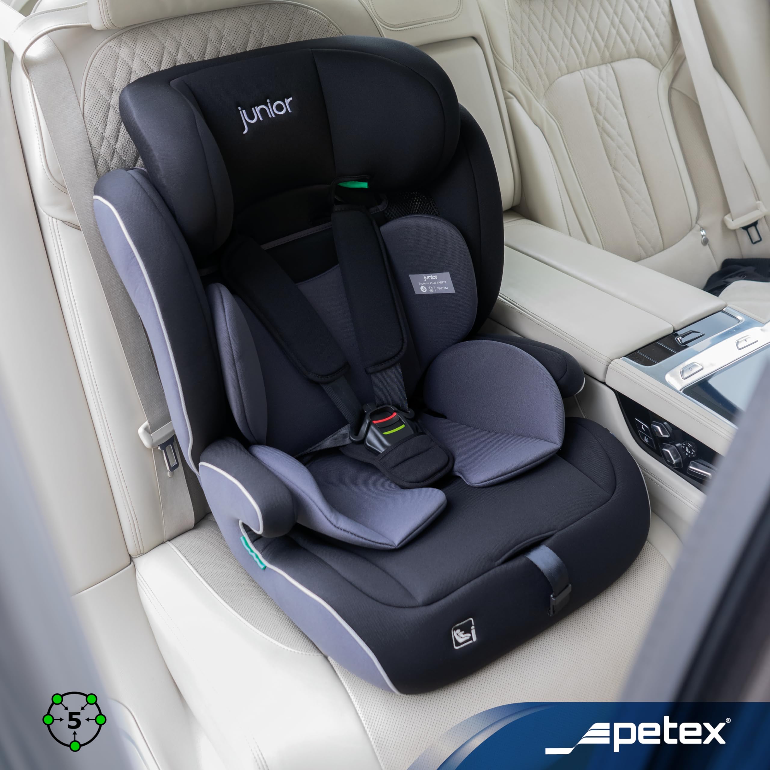 PETEX Fotelik samochodowy dla dzieci z ISOFIX – Supreme Plus i-Size norma ECE R129 dla dzieci w wieku od ok. 76 – 150 cm, fotelik samochodowy z regulacją wysokości w kolorze czarnym, 1 sztuka