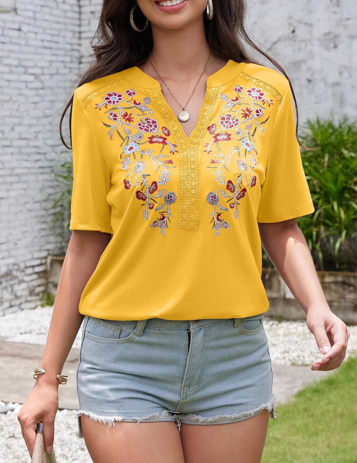 Mexican Shirts for Women Embroidered Tops Traditional Summer Blouse Floral Tunic V Neck Short Sleeve T Shirt Yellow - Image 6