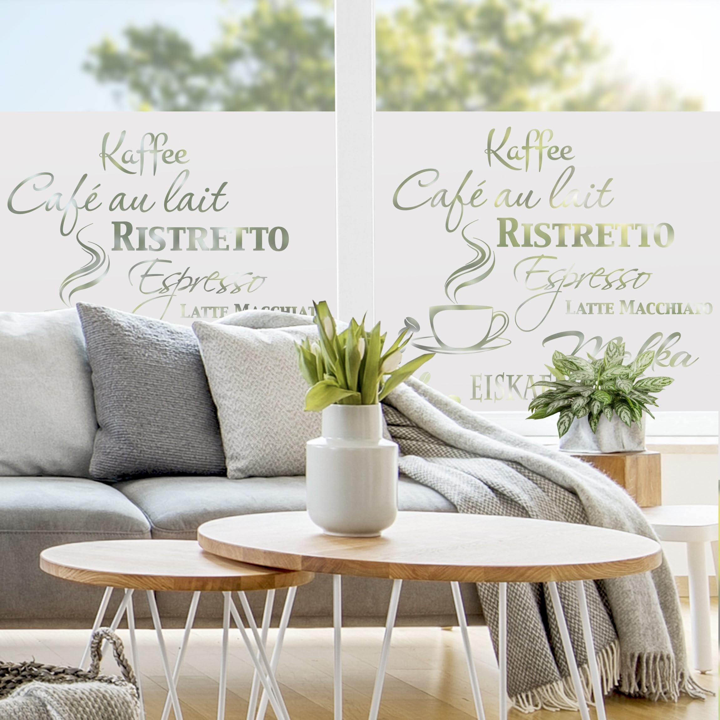 Fensterfolie statisch haftend Sprüche Sichtschutz Milchglas - Made in Germany - Kaffee Typo Blickdicht Scheibe Innen Küche Glas 1684 (80x80cm)