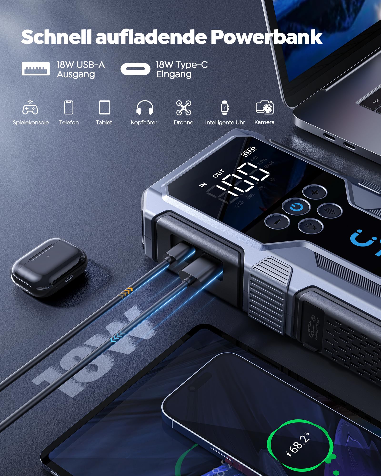 UTRAI Starthilfe Powerbank für Pkw 4500A, 15000mAh Booster Auto Starthilfe mit Kompressor, 18W Schnellladung, Taschenlampe, Zwangsstart, Jump Starter Bis zu 8.5L Benzin, 6.5L Dieselmotor