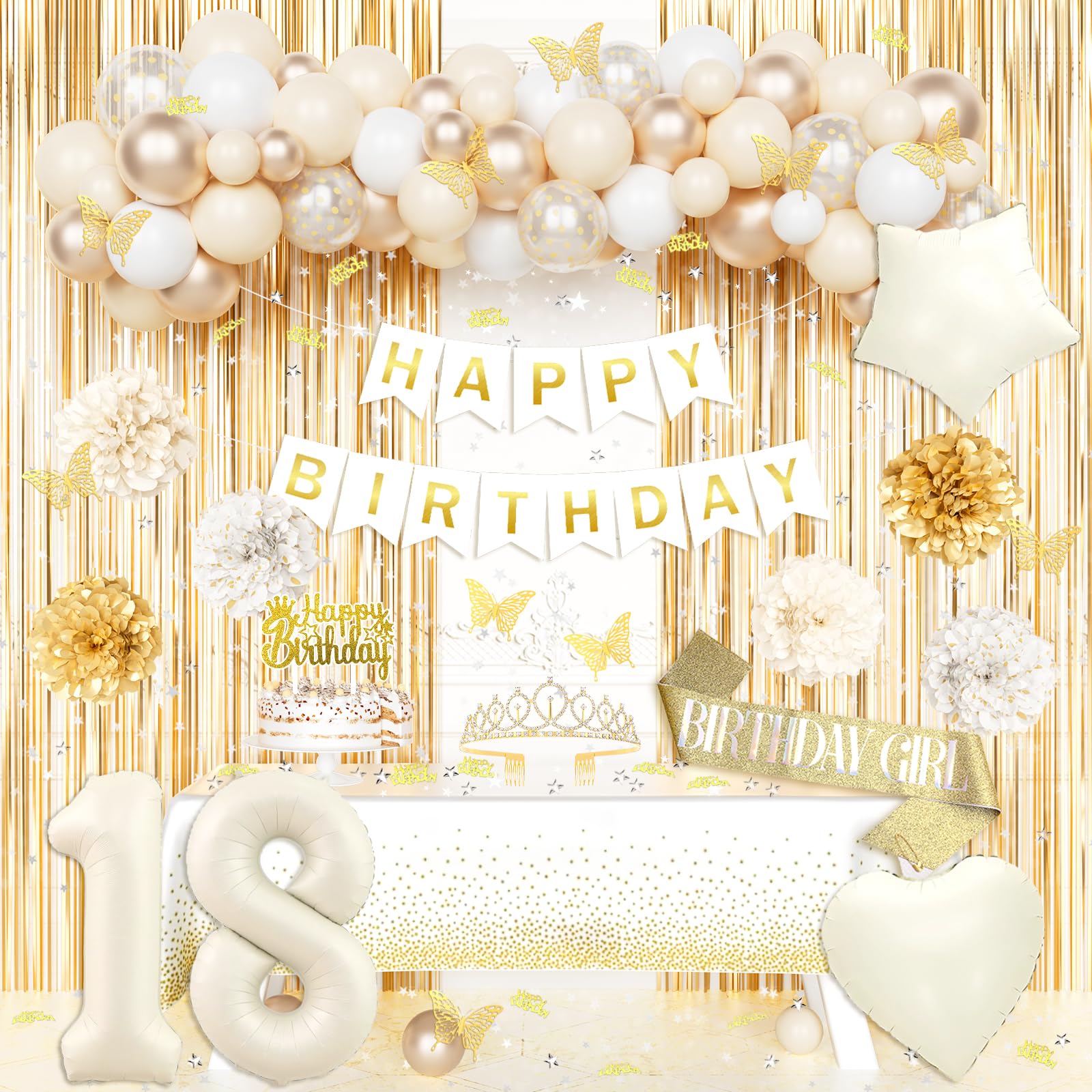 Costova 18th Birthday Decorations for Girls, White and Gold Happy 18th Birthday Decorations, Cream Champagne Gold 18 Year Old Party Supplies Balloon