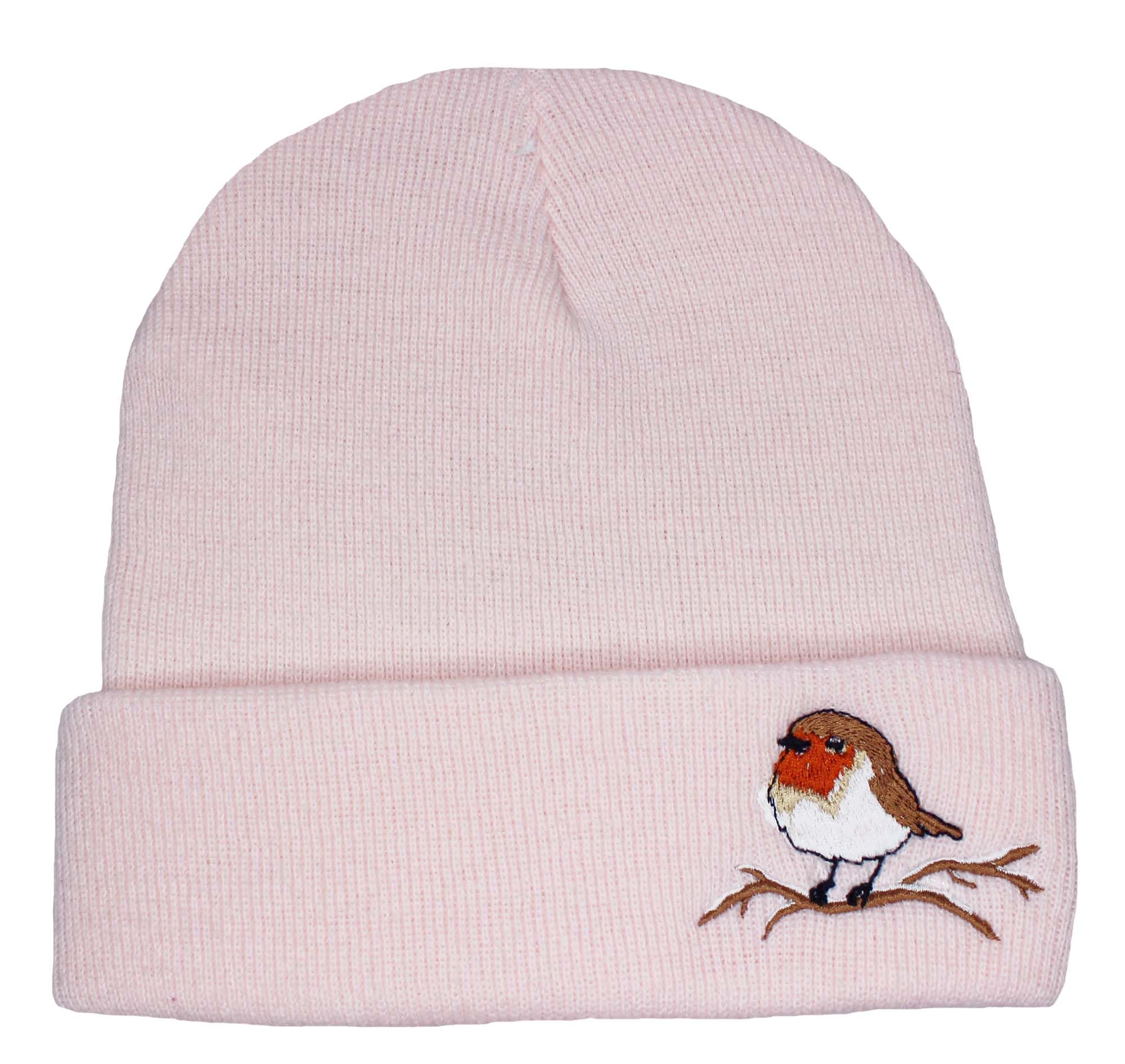 TeddyT's Ladies Robin Design Embroidered Thermal Knit Beanie Hat (Pink)