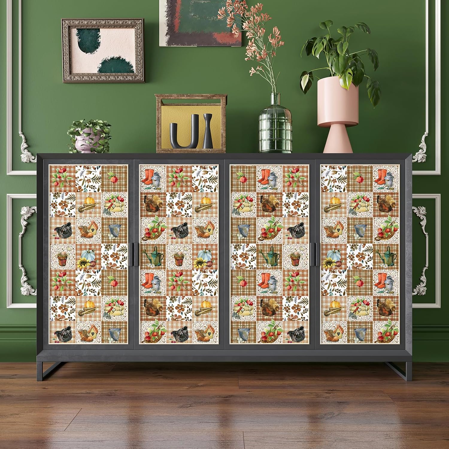 Retro Patchwork Floral Wallpaper Peel and Stick Animal Farmhouse Wallpaper for Kitchen Living Room Mural 17.7"x160" Removable Pumpkin Fruit Flower Wall Paper Prepasted Chicken Contact Paper