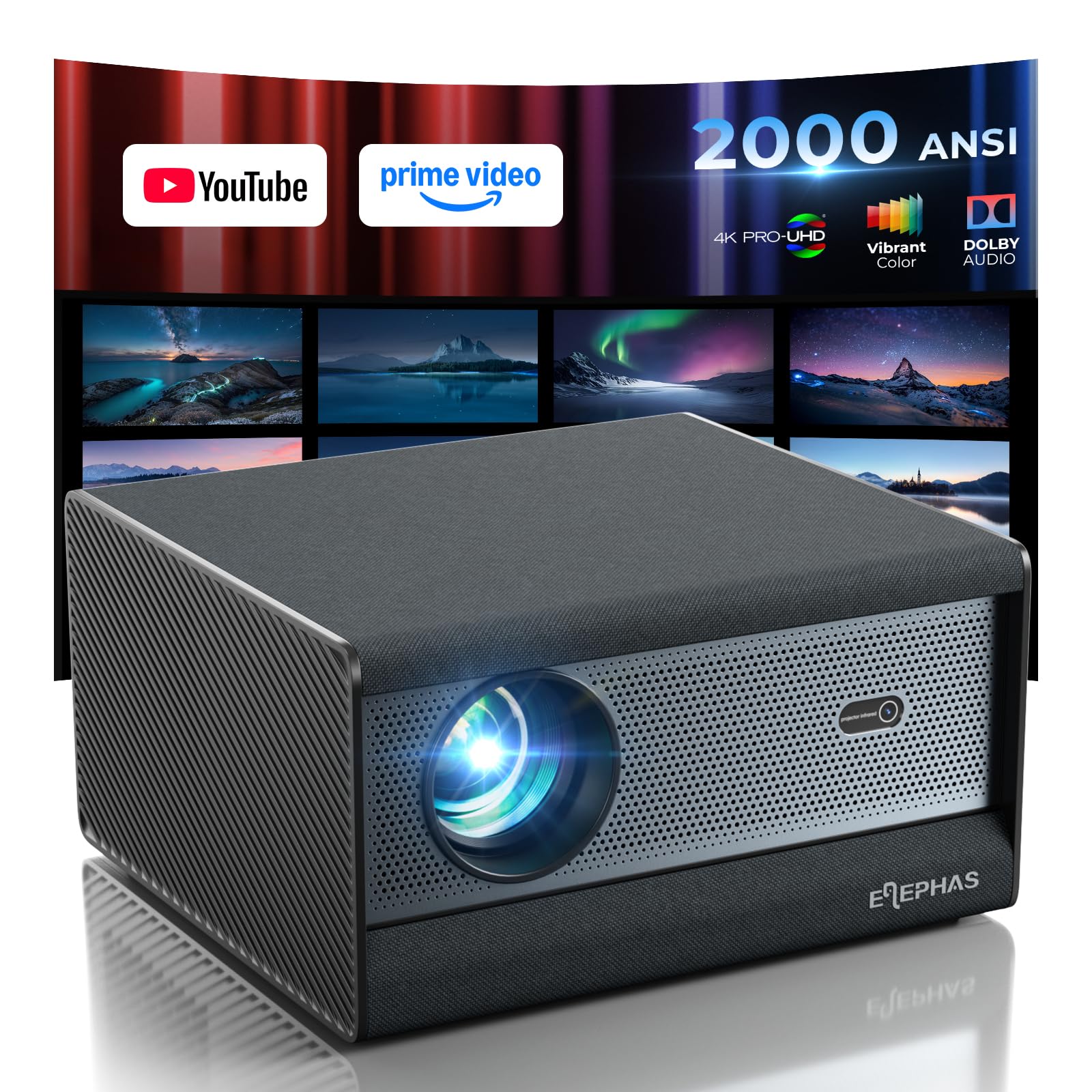 ELEPHAS Smart 4K Projector with WiFi and Bluetooth - Compatible with Netflix, Prime Video, YouTube, Dust-Proof Sealed, Dolby Audio, Auto Focus &