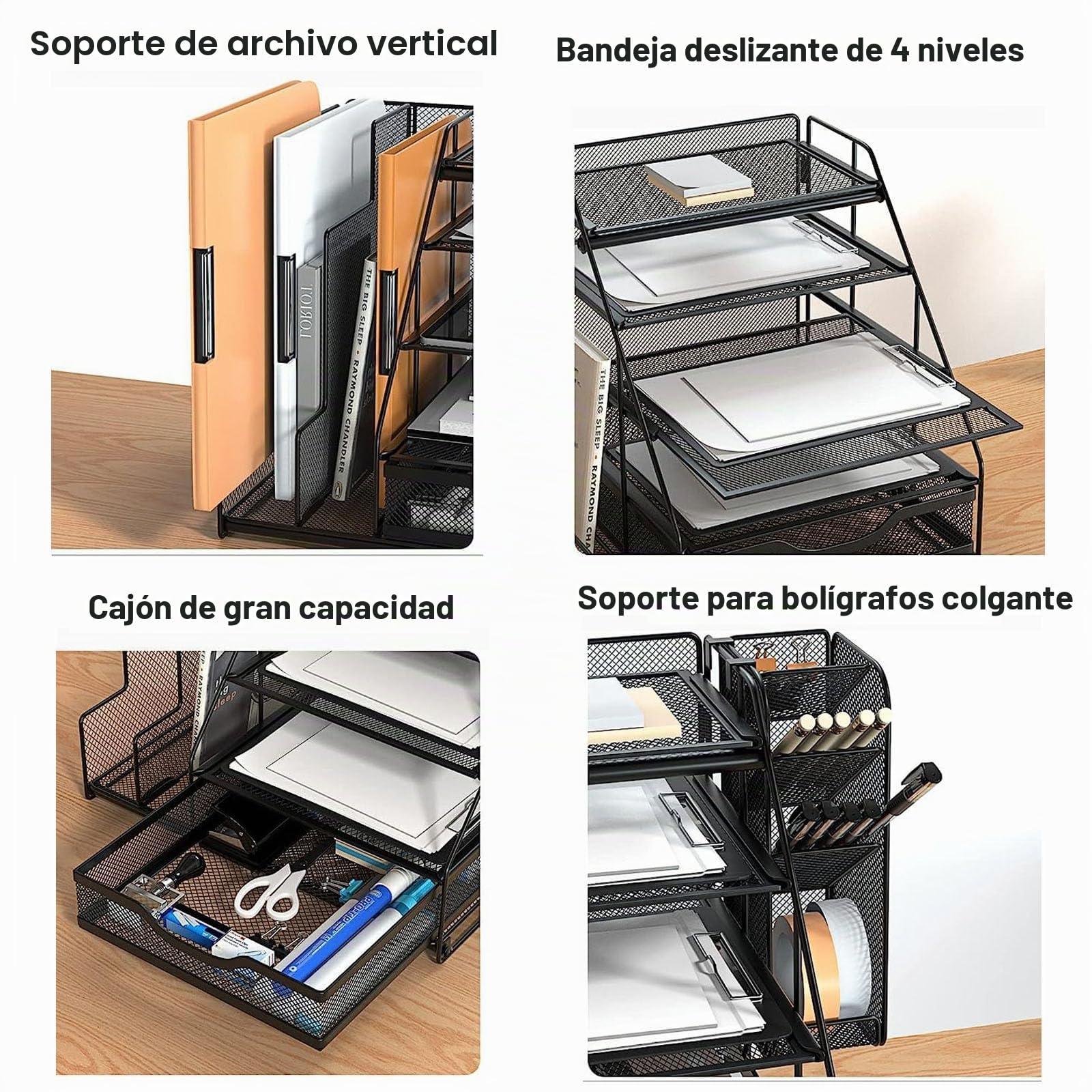 Yanike Organizador De Escritorio De Oficina Con Soportes Verticales Para Carpetas, Organizador Papeles Escritorio De 5-Niveles Con Soporte Para Bolígrafo Y Cajón, Suministro De Oficina Multifunción