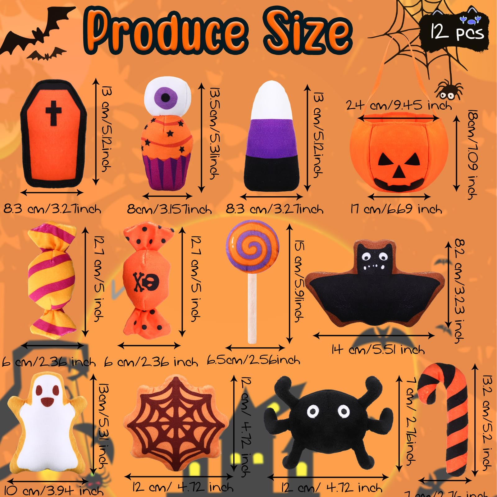 12-teiliges Halloween-Kürbis-Set, Halloween-Hundespielzeug, Halloween-Hundespielzeug, Quietschspielzeug, Plüsch-Kauspielzeug, Füllkörper, Hundespielzeug-Set, Zahnspielzeug für Hunde, Training