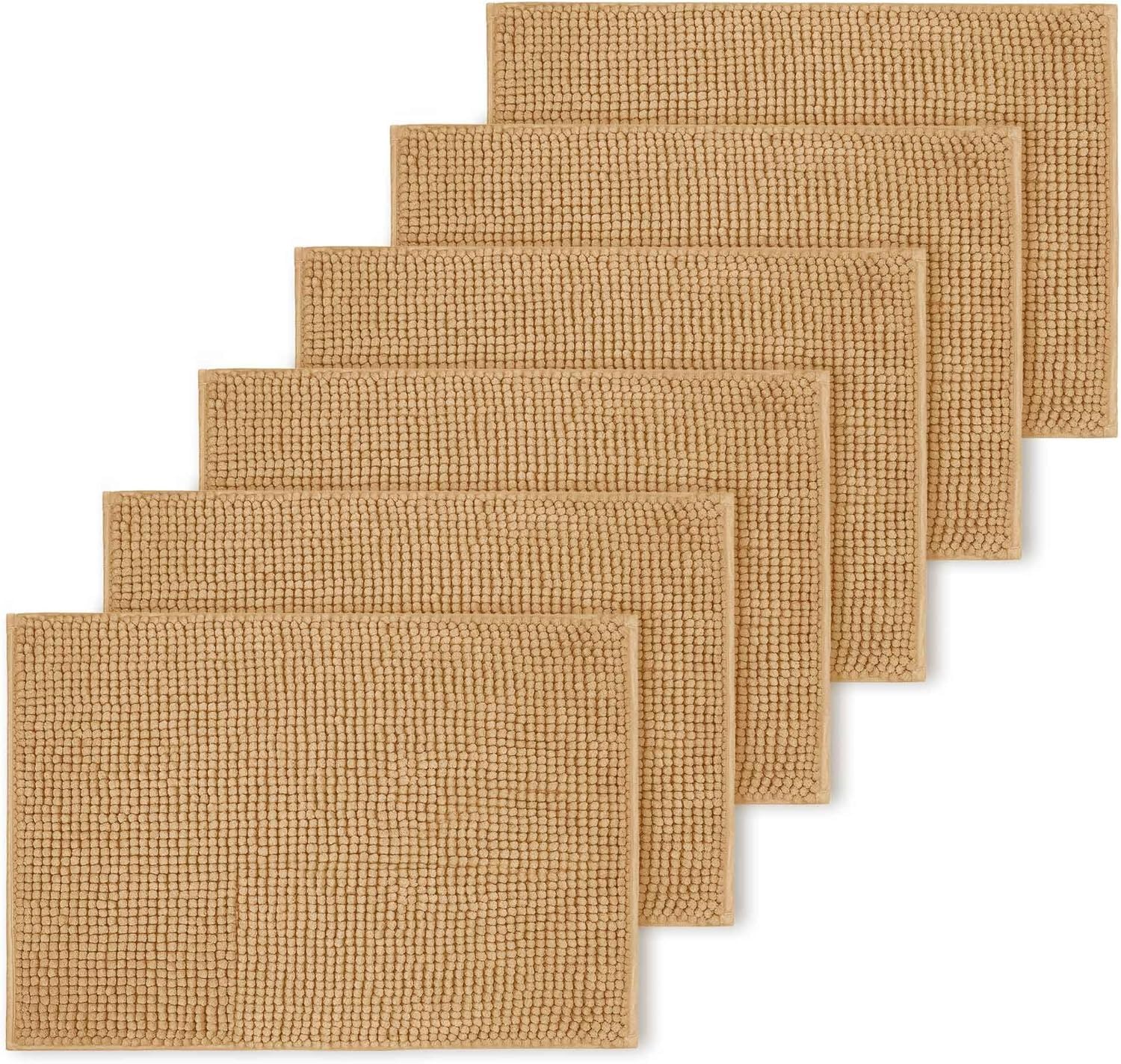 Imperial Rooms Bath Mat Non Slip Anti Mould (6 pack) - Beige Bath Mats 40x60cm, Chenille Bathroom Mat Super Absorbent Extra Soft Fluffy Shower Mat