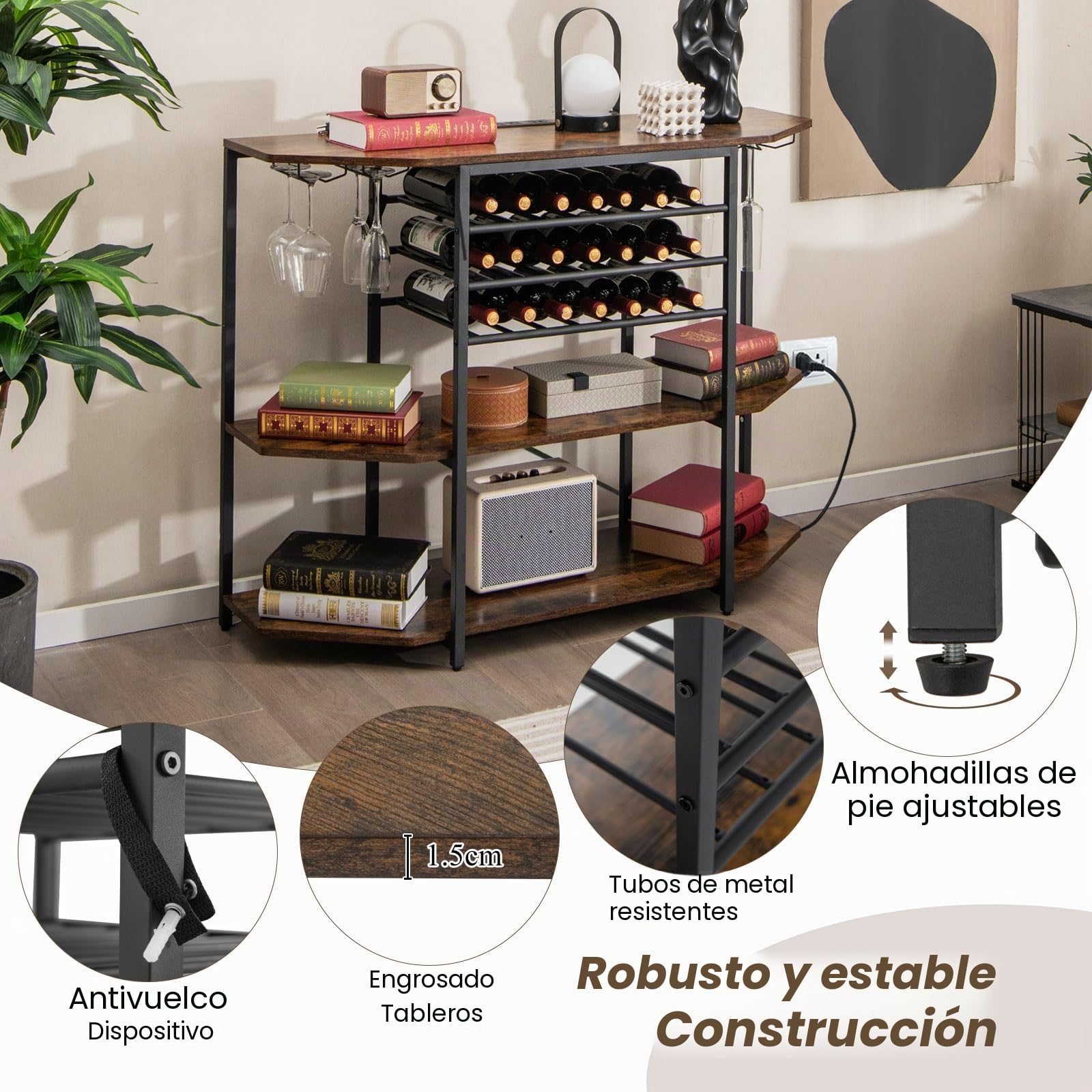 GIANTEX Aparador con Botellero para 21 Botellas, Estantería de 3 Niveles con Portavasos, Mueble Auxiliar con 2 Puertos USB y 2 Enchufes, 120 x 40 x 92 cm, para Bar, Comedor (Marrón)