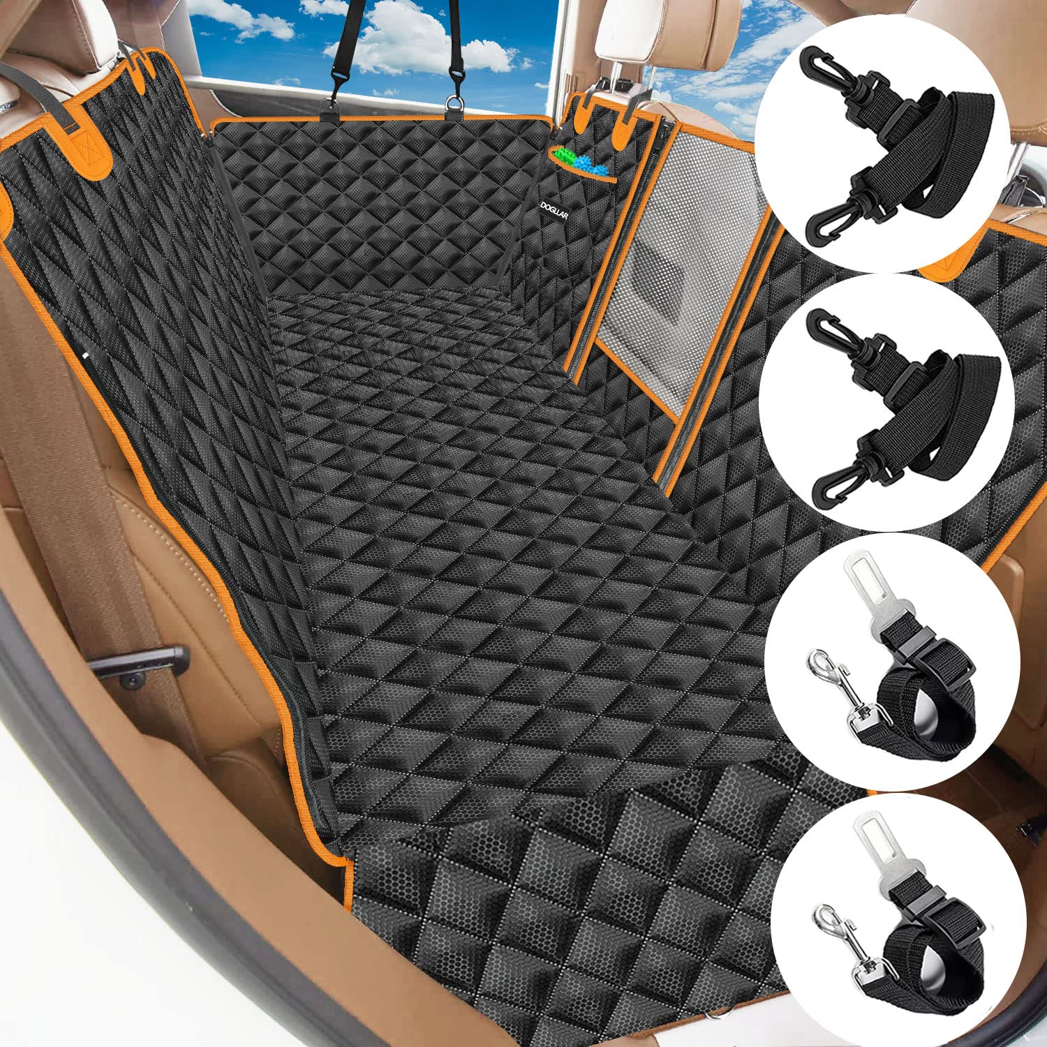 DOGLLAR Dog Car Rear Seat Cover Pet Back Seat Hammock Covers with Mesh Window Protector for Cars Trucks & SUVs Orange