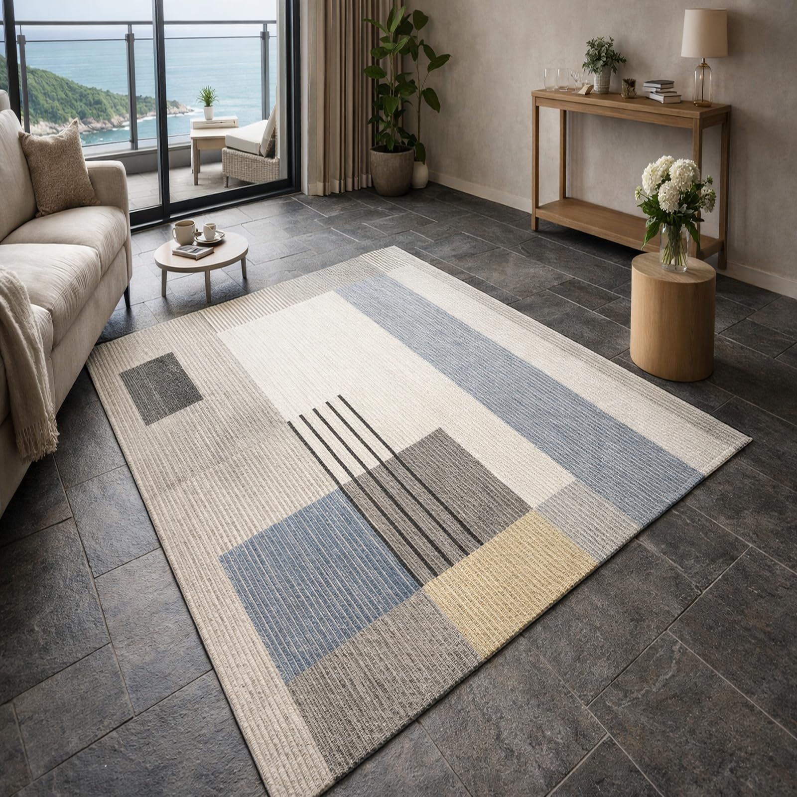 Tapis décoratif contemporain haut de gamme aux lignes géométriques