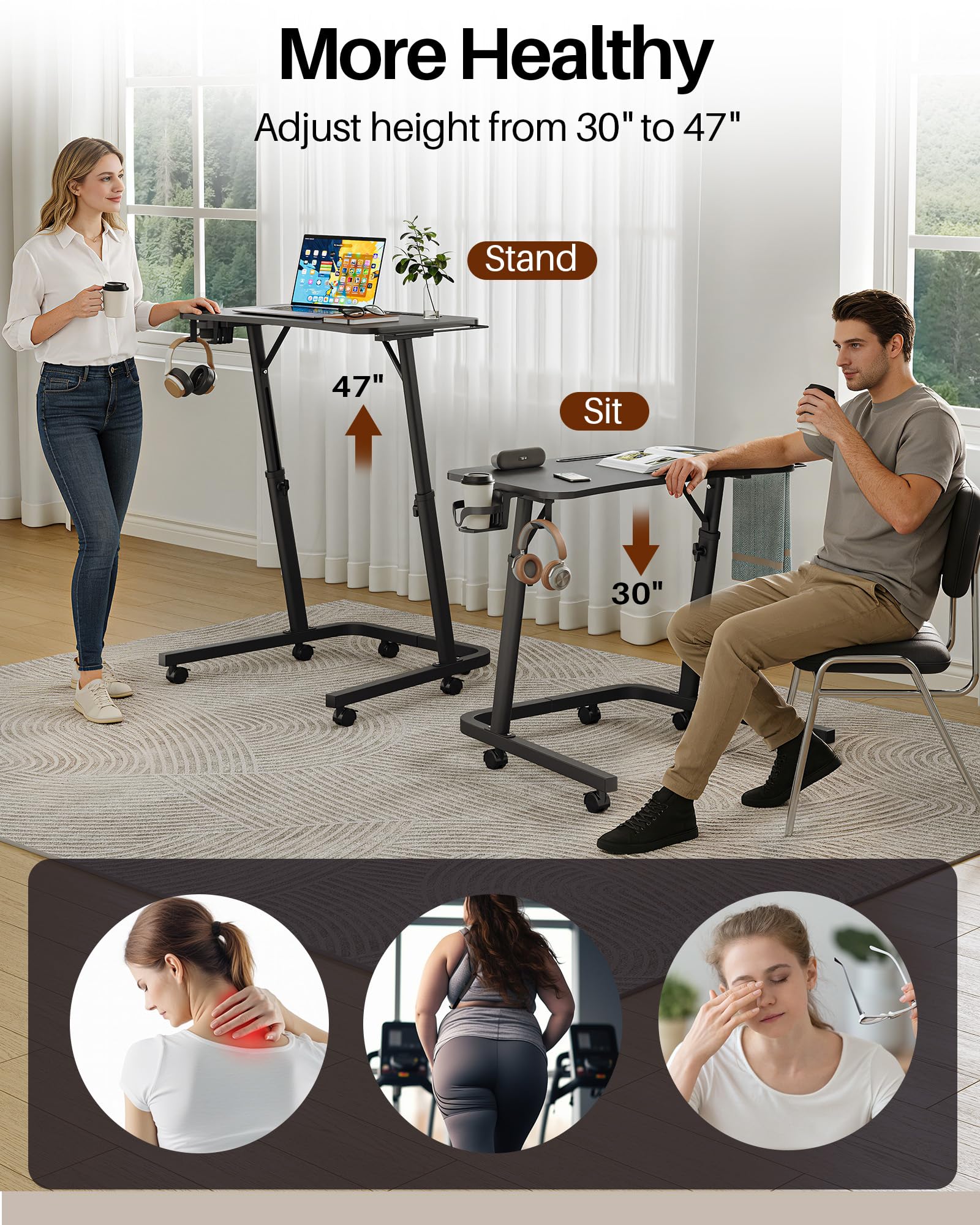 Stół do treningu rowerowego z regulacją wysokości i kółkami, stolik nocny i stolik pod laptopa, stolik pomocniczy z regulacją wysokości, do jazdy wewnątrz i bieżni z uchwytem na napoje i hakami