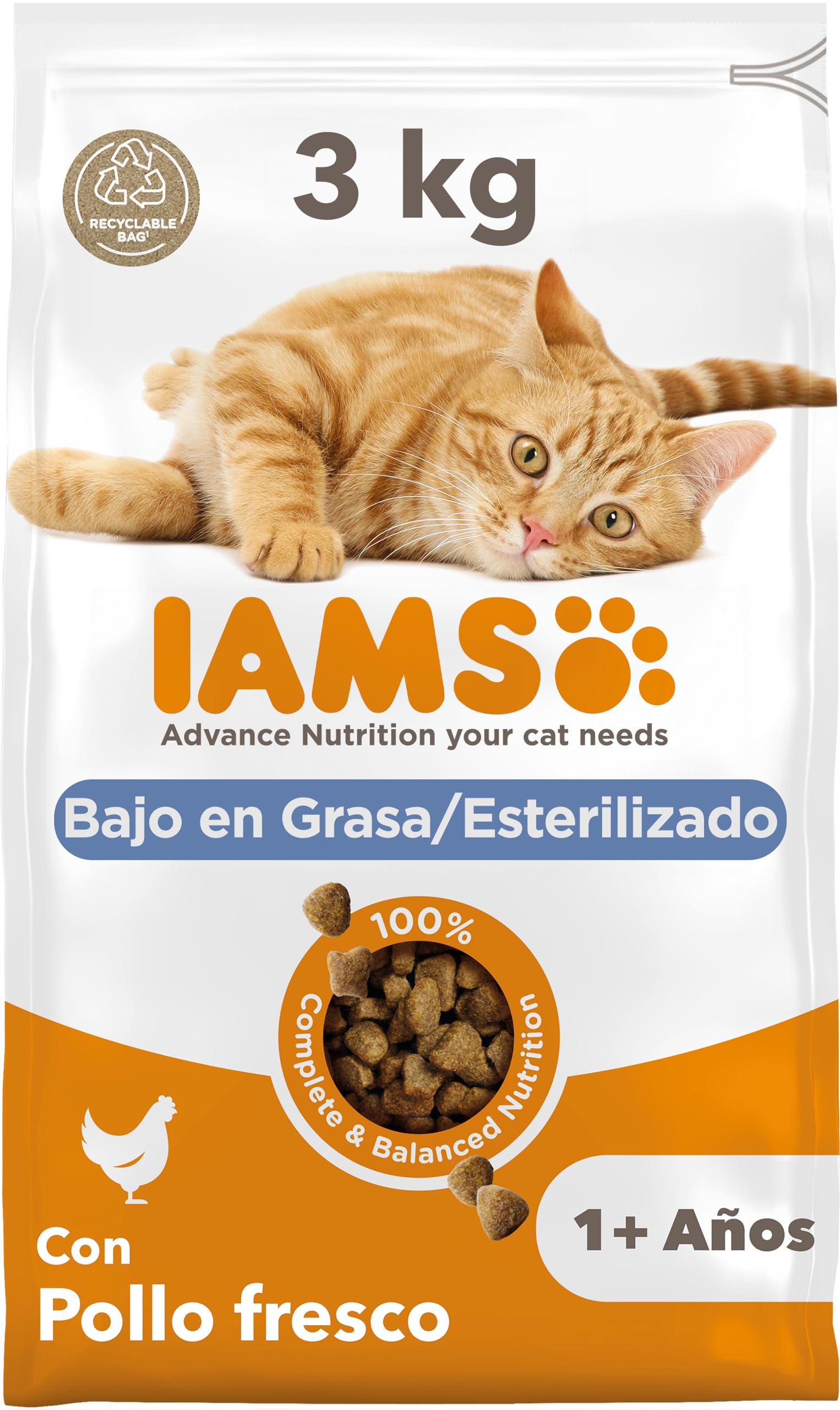 IAMS Alimento seco para gatos esterilizados - comida seca para gatos adultos de más de 1 año con pollo fresco, 3 kg