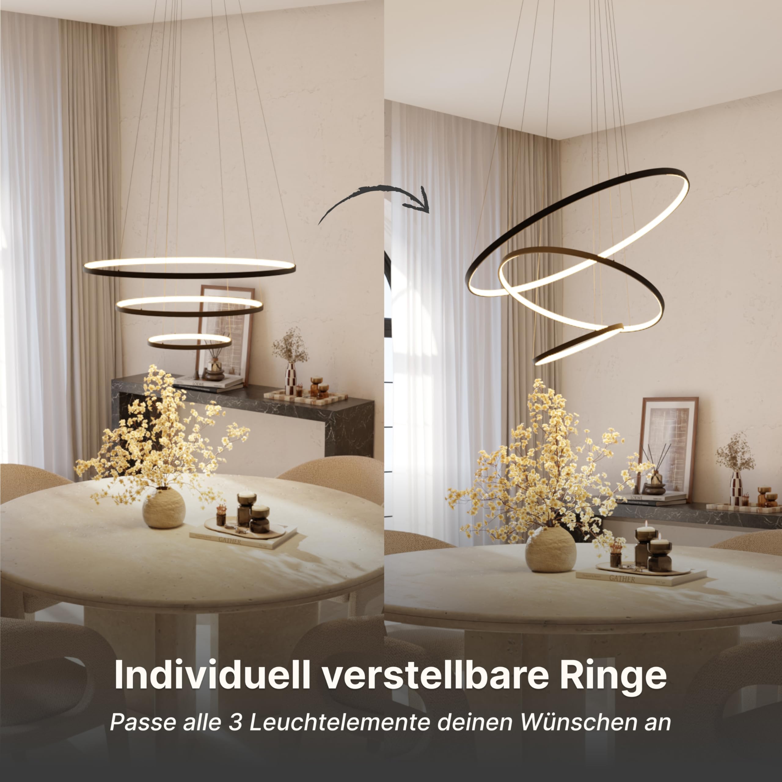 Deckenleuchte Pendelleuchte 'Omeva' dimmbar LED 3 Ringe Wohn & Esszimmer Moderne Hängelampe Esstisch Smart Home Amazon Alexa Google Home Tuya schwarz