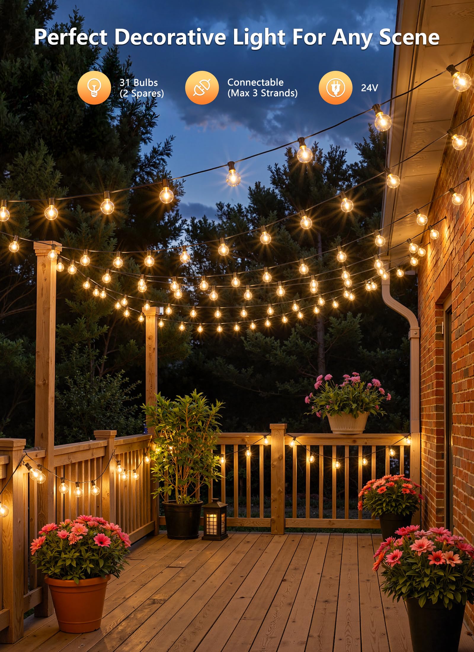 Outdoor String Lights with Remote, 100Ft Outside Waterproof Light with Dimmable G40 LED Bulbs, Shatterproof Connectable Hanging Patio Lights for Porch, Backyard, Bistro, Deck, Balcony, Home Decor — view 7