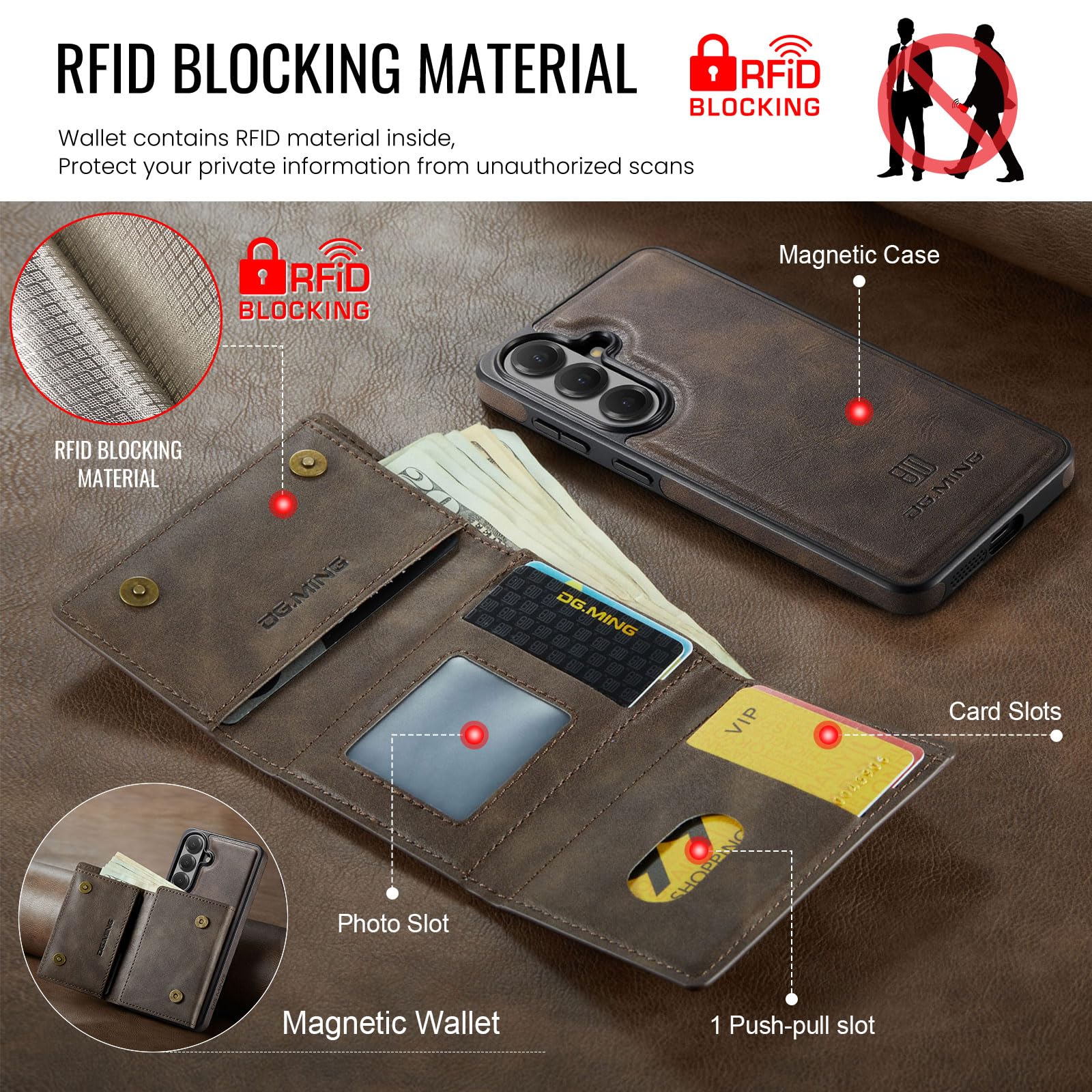 Asuwish Custodia per telefono per Samsung Galaxy S26 5G Portafoglio magnetico staccabile con ricarica wireless e blocco RFID Porta carte di credito Flip Stand S 26 26S G5 SM-S942U Donne Uomini Caffè