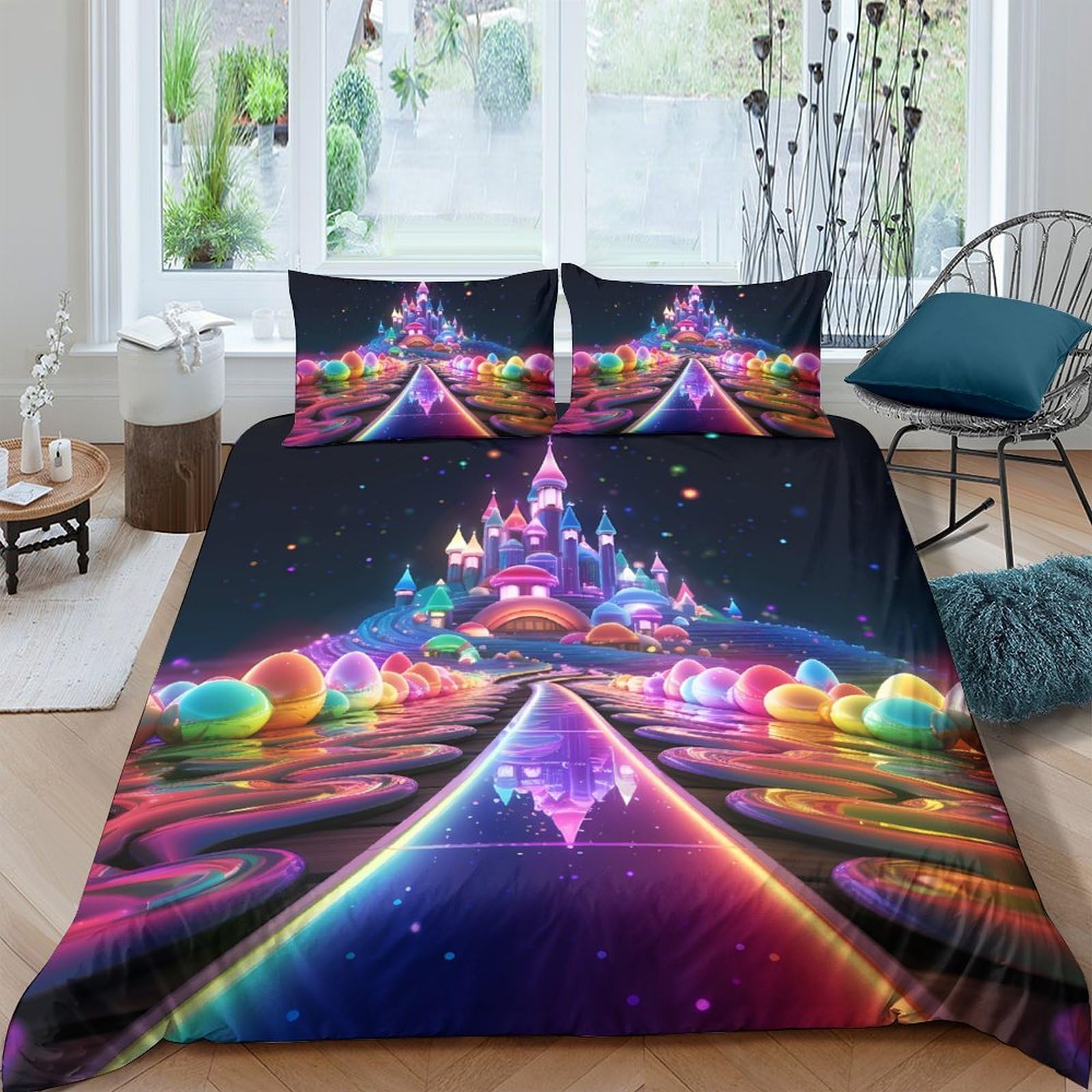 Ctjqhvkz Style-1 3D Printed Neon Fantasy Fitted Sheet Microfiber Soft Breathable Rainbow Dream Mattress Cover Bedroom Decor Single（135X200cm）