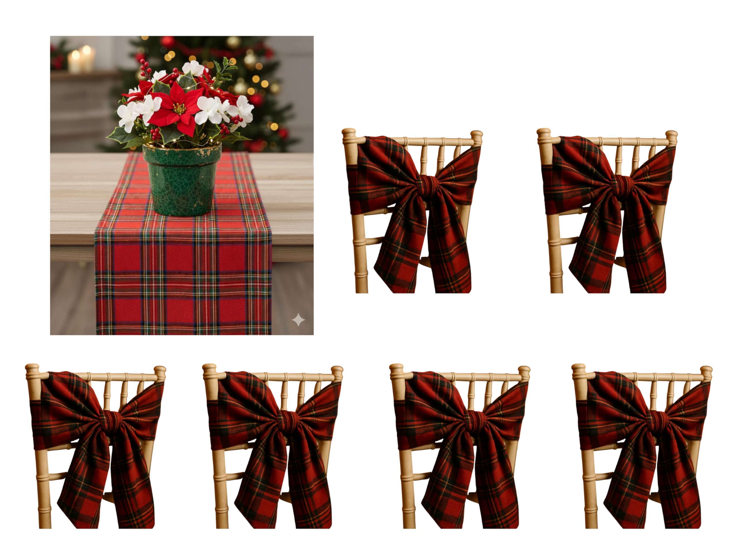 Elegant Event Essentials - 1Pc Tartan Table Runner (12" x 108") & 6Pcs Chair Sashes - Party Tableware Table Setting - Traditional Scottish Tartan Pattern - For Wedding, Holiday, Xmas, Christmas