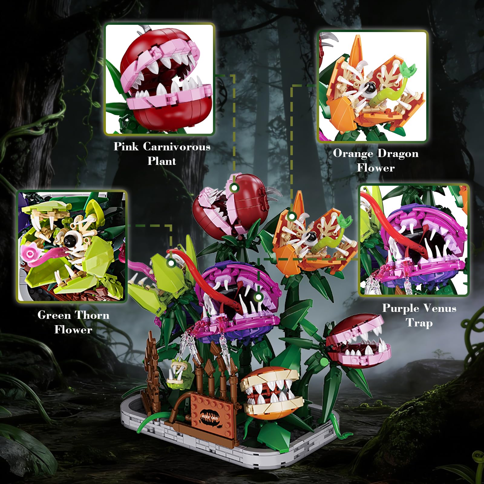 Audrey - Set di 2 blocchi per la costruzione di piante carnivore Piranha, 1266 pezzi, piccolo negozio di orrori, fiori, compatibile con Lego, kit per la costruzione di piante mostri creativi, regalo