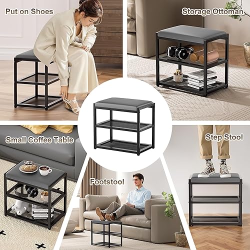 Miniatura 7 de ZHOOGE Otomana pequeña con almacenamiento, taburete de tocador de piel sintética, otomana de pies, taburete cuadrado de maquillaje para espacios