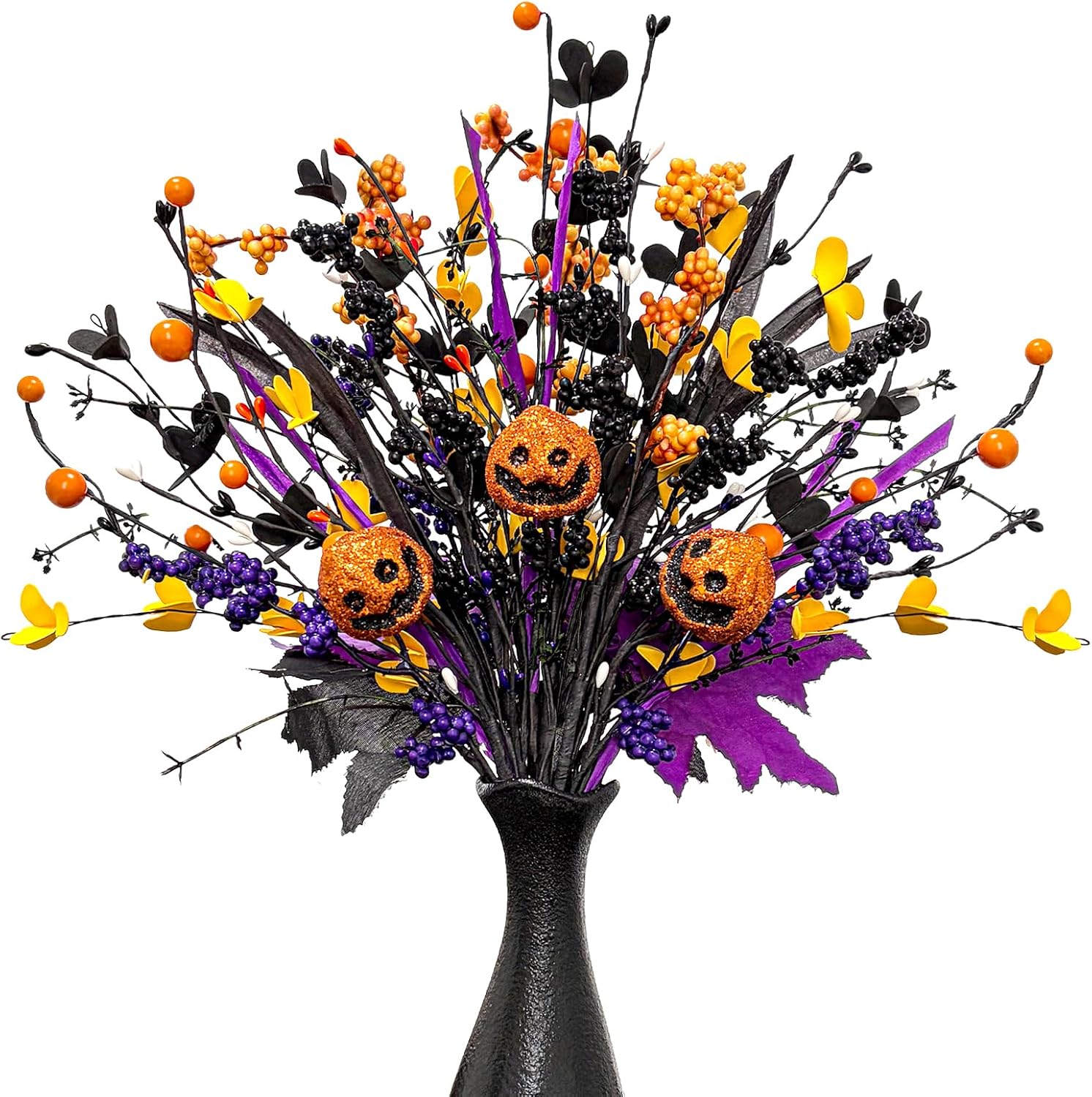 6-Pack Halloween Floral Picks 17" Jack-o'-Lanterns and 3-Color Berry | Flexible Halloween Stems with Purple-Black Maple Leaves, Realistic Halloween Branches for DIY Holiday Centerpieces Home Decor